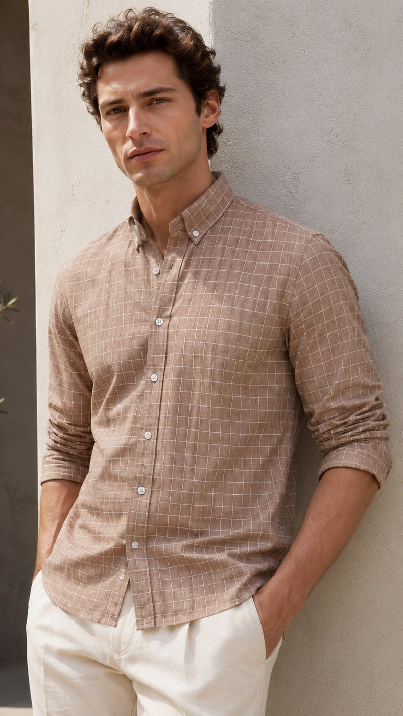 Men’s Brown Windowpane Check Cotton Linen Slim Fit Shirt