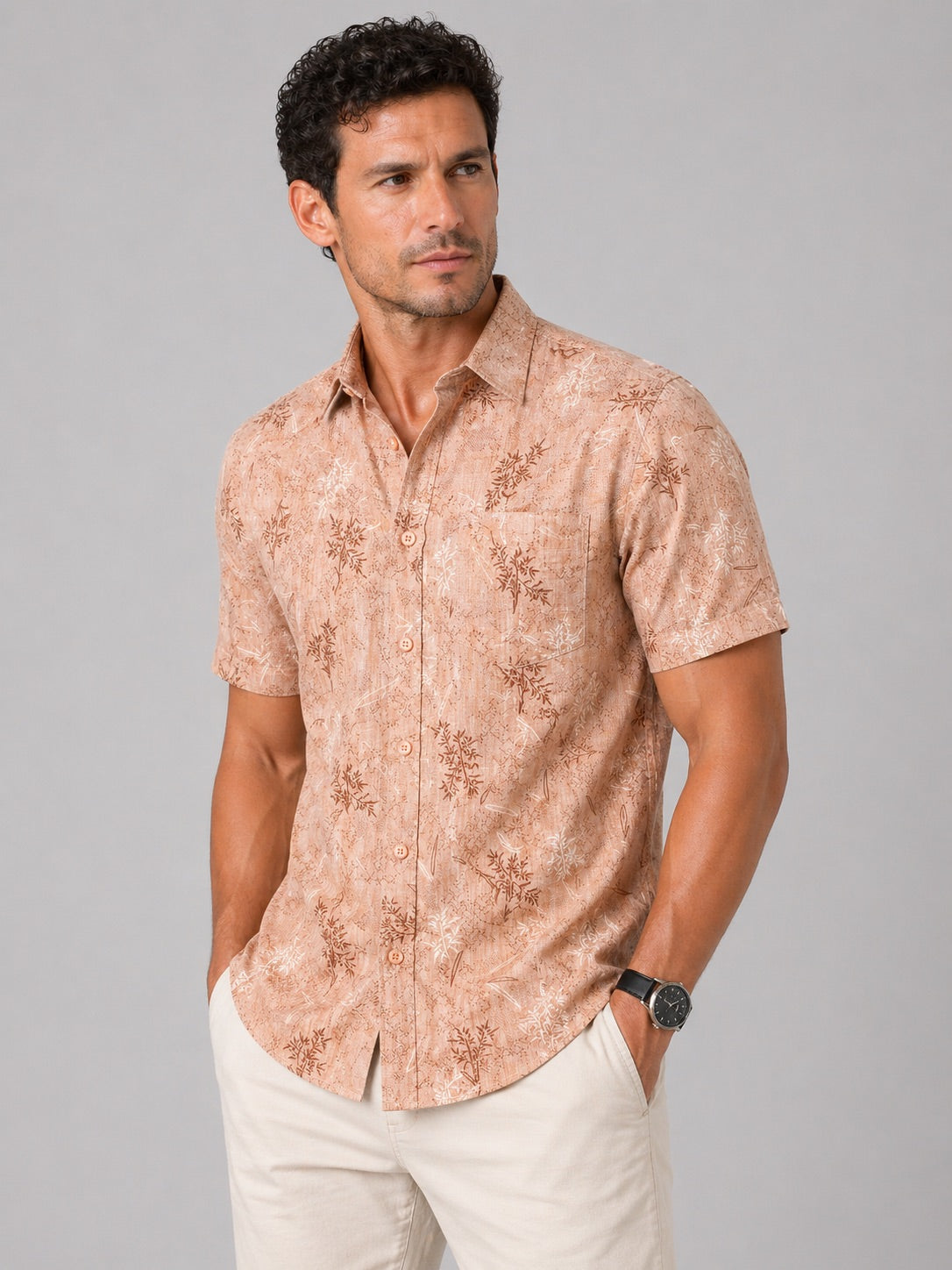 Men’s Peach Printed Cotton Linen Slim Fit Half Sleeve Casual Shirt | MARK & ALBERT