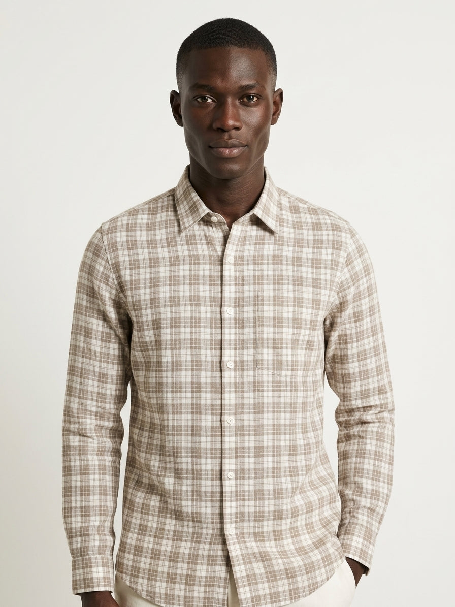 Brown Checks Cotton Linen Slim Fit Casual Shirt