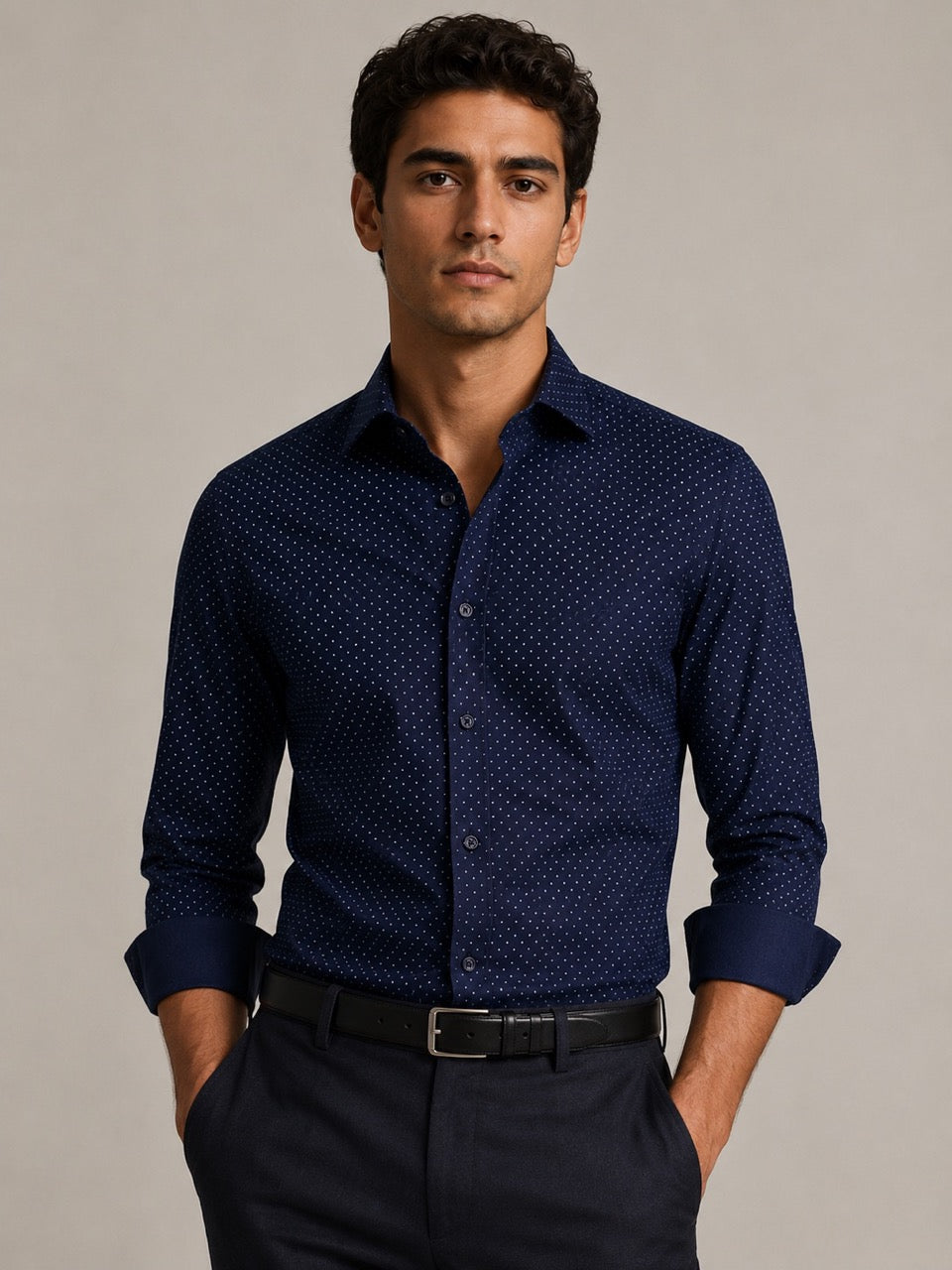 Men's Navy Blue 100% Cotton Dot Print Slim Fit Formal Shirt | MARK & ALBERT