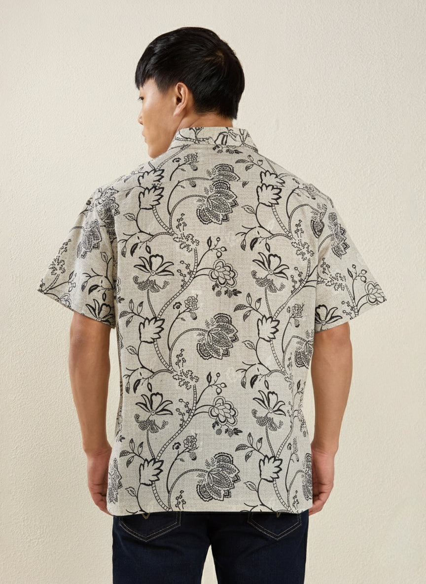 Men's Regular Fit Half Sleeve Floral Outline Linen Shirt