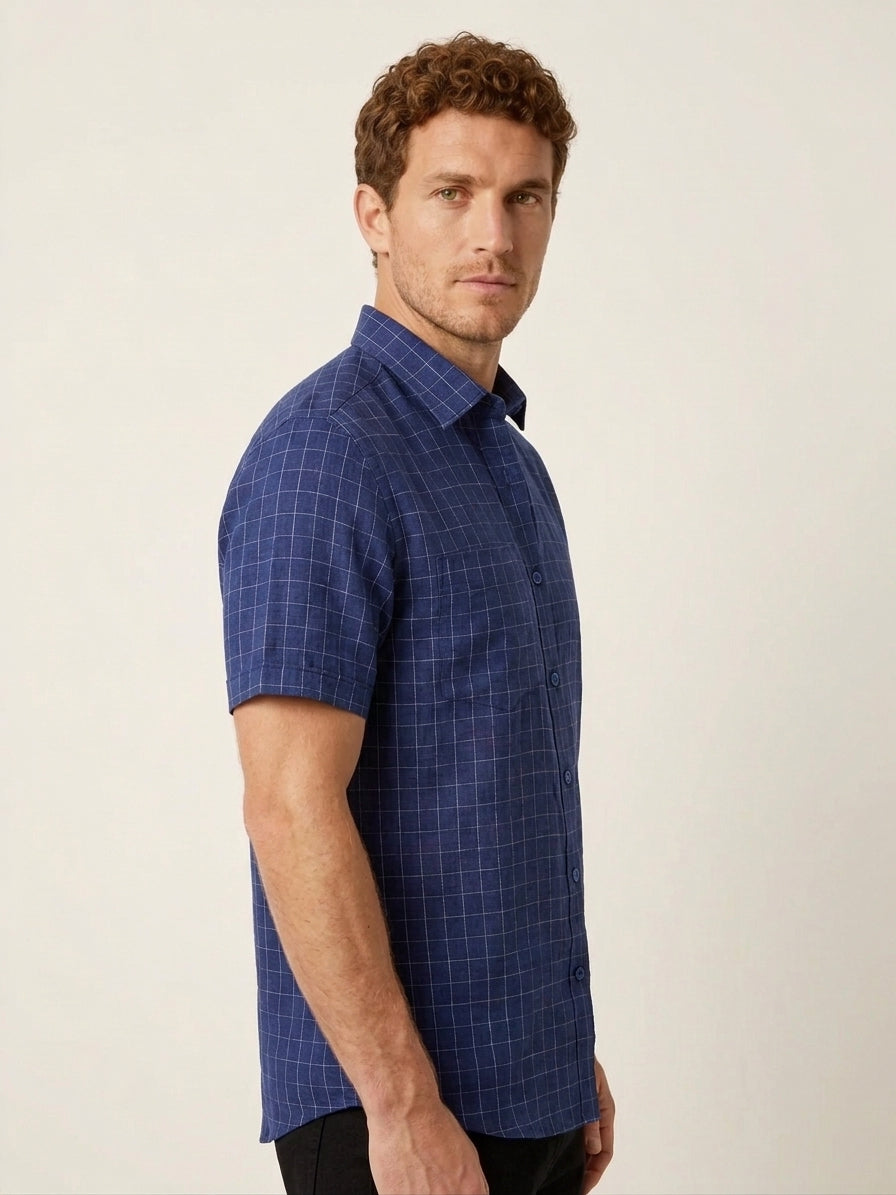 Navy Cotton Linen Regular Fit Half Sleeve Shirt