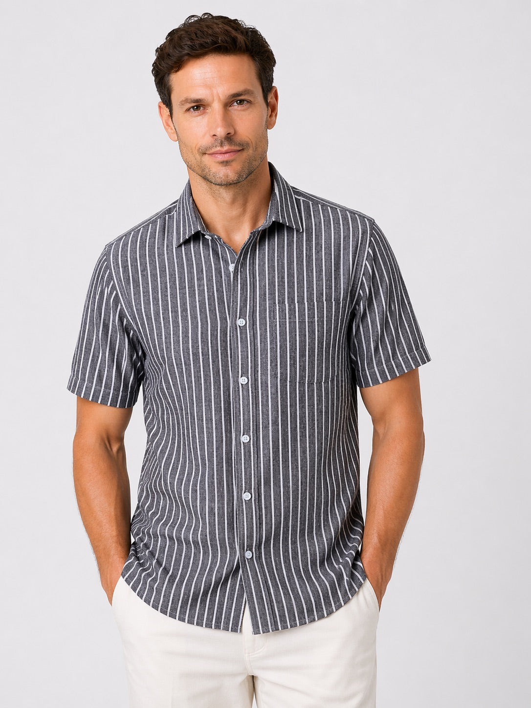Men’s Grey Striped Shirt Linen Cotton Blend Slim Fit Semi Casual Half Sleeve Shirt | MARK & ALBERT