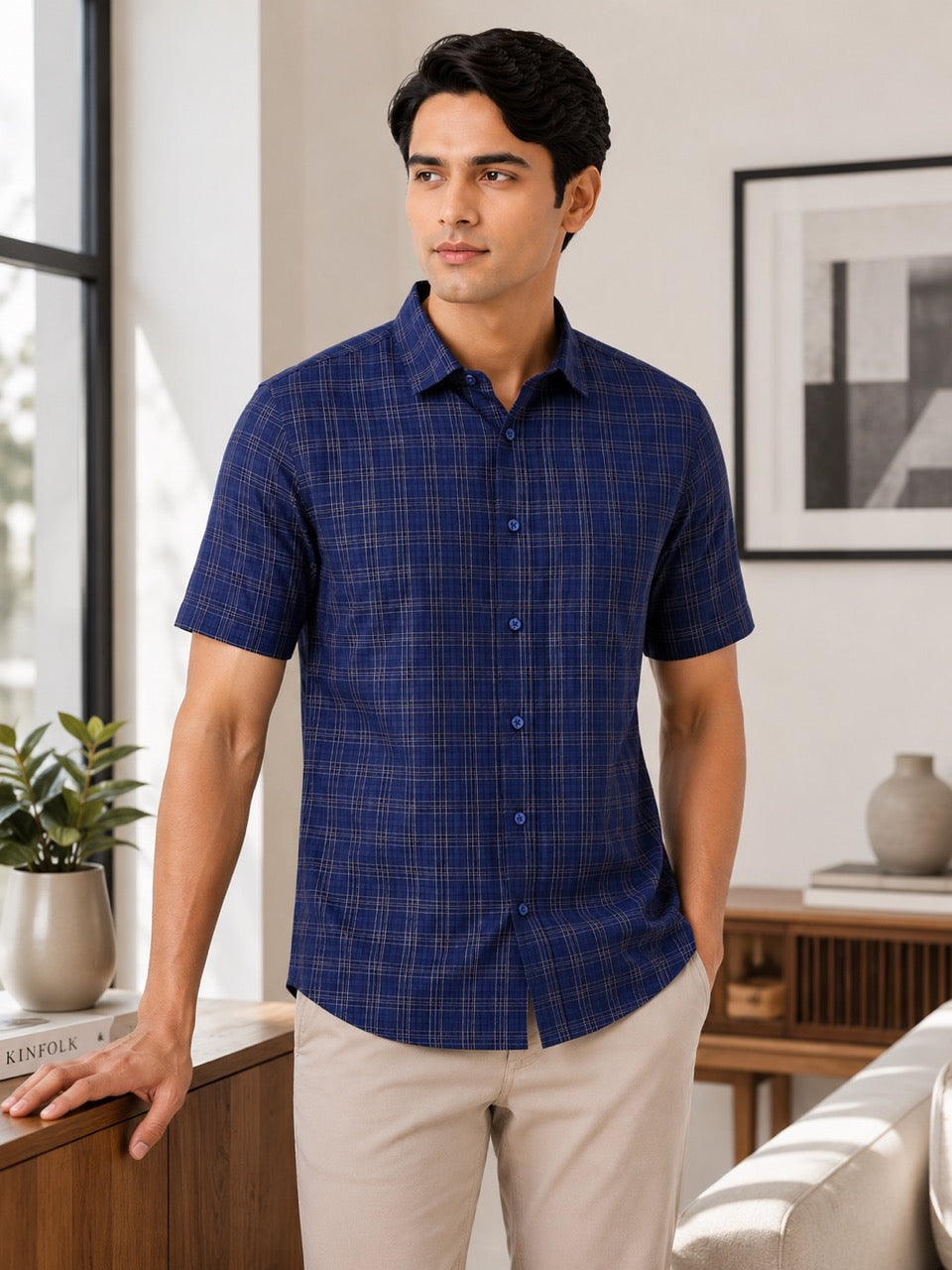Men's Blue Check Cotton Regular Fit Half Sleeve Formal Shirt | MARK & ALBERT