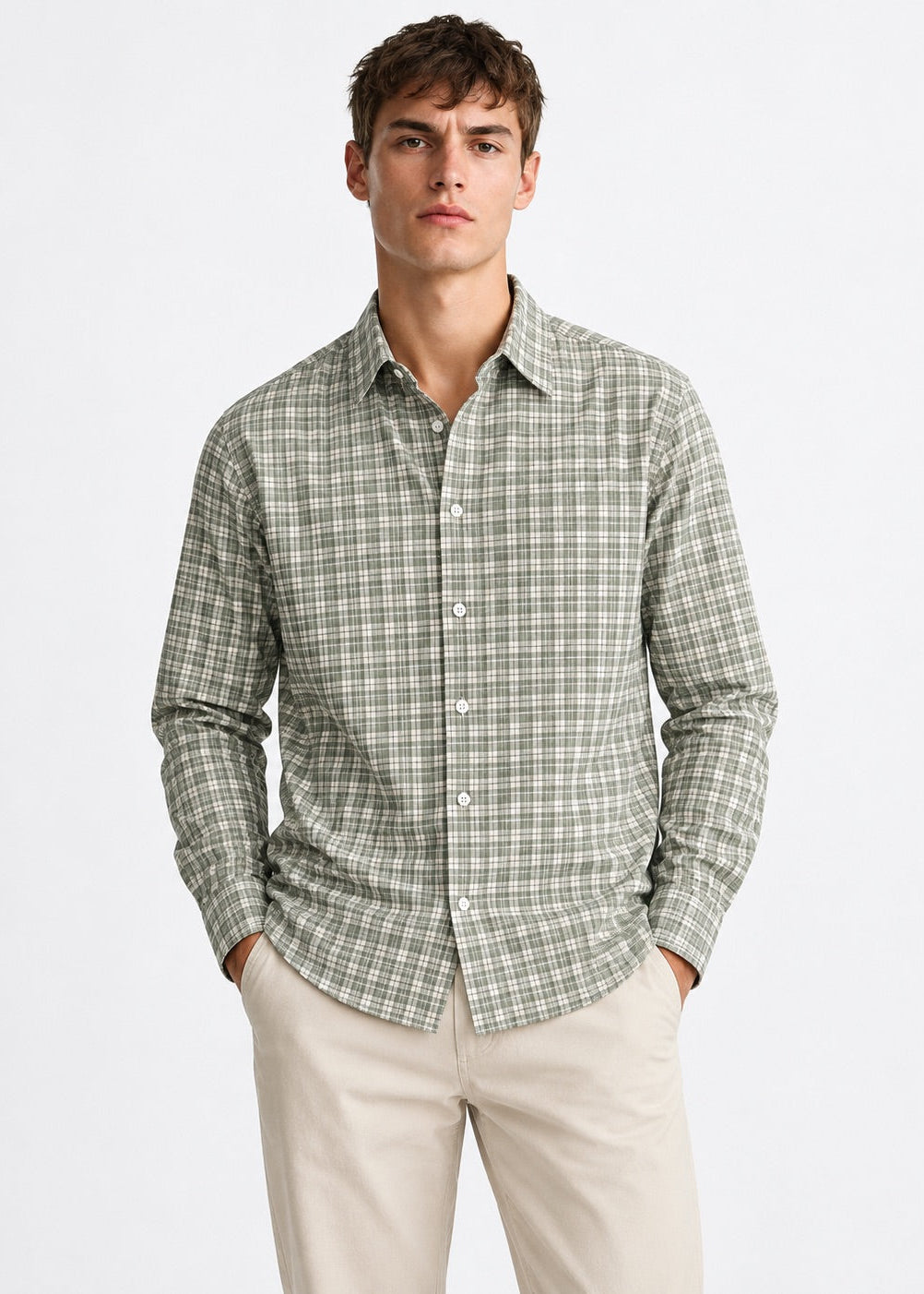 Men's Sage Green Checks Cotton Linen Slim Fit Casual Shirt | MARK & ALBERT