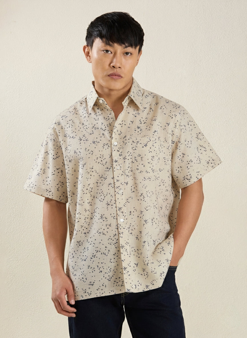 Men's Regular Fit Half Sleeve Speckle Print Linen Shirt