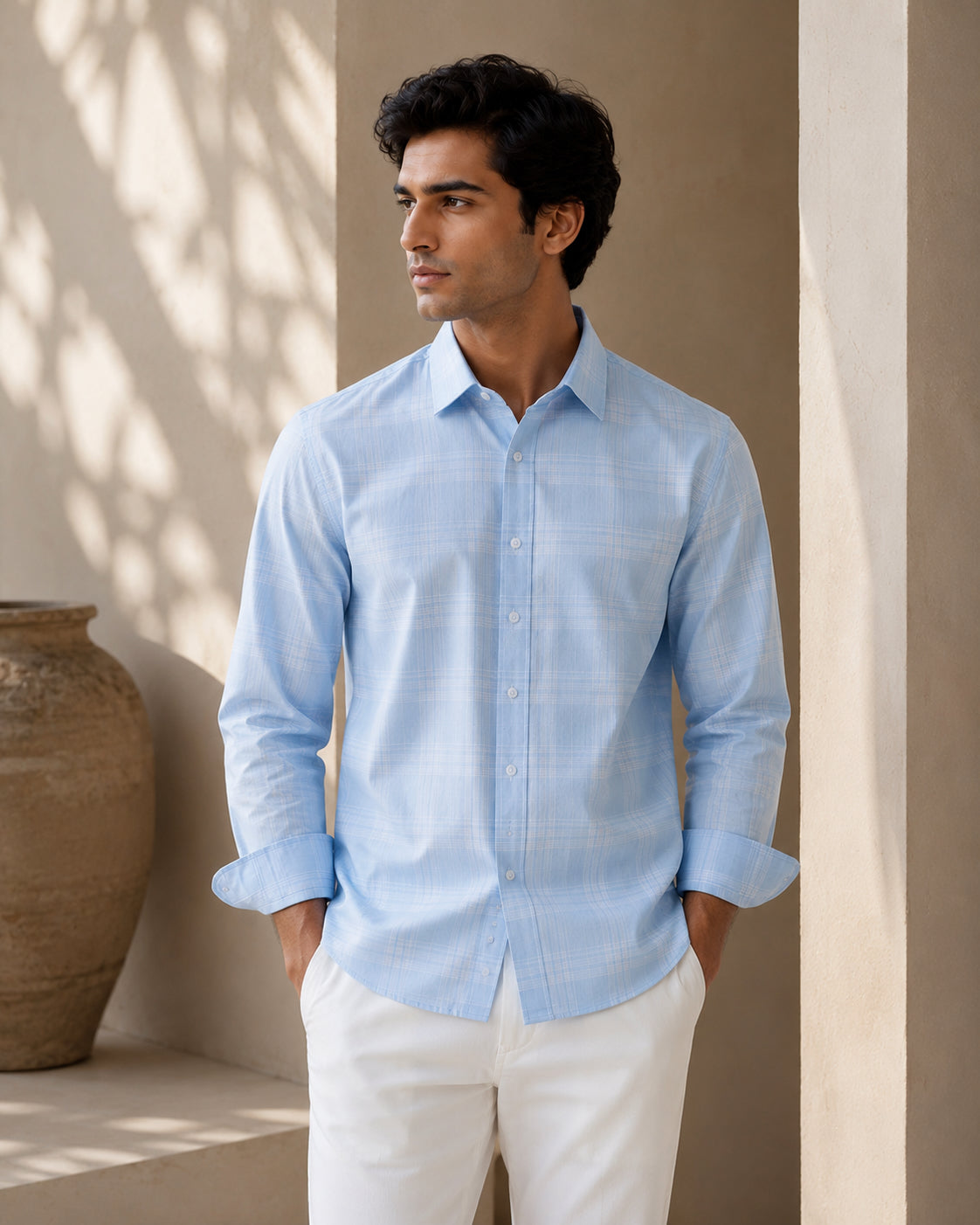 100% Cotton Sky Blue Checkered Casual Shirt