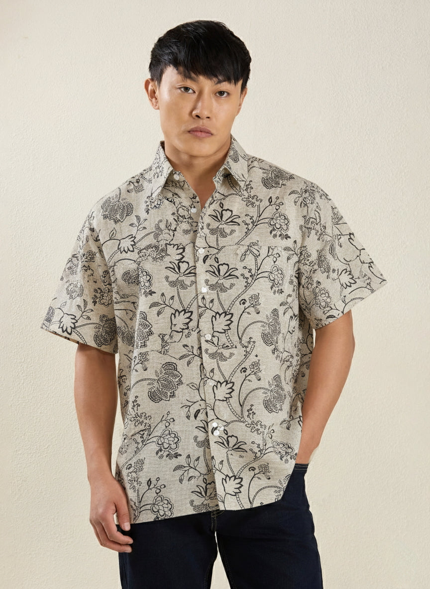 Men's Regular Fit Half Sleeve Floral Outline Linen Shirt