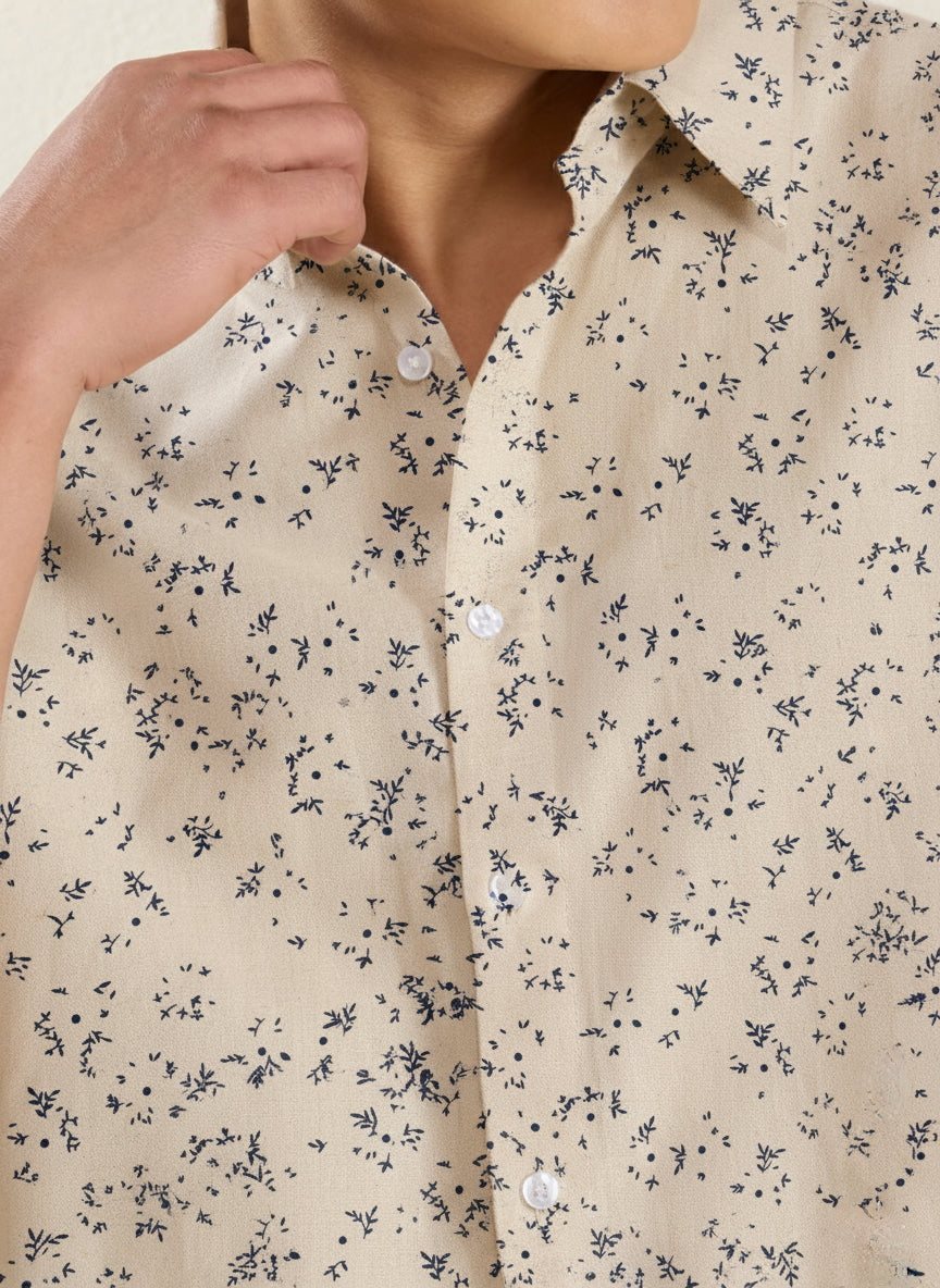 Men's Regular Fit Half Sleeve Speckle Print Linen Shirt