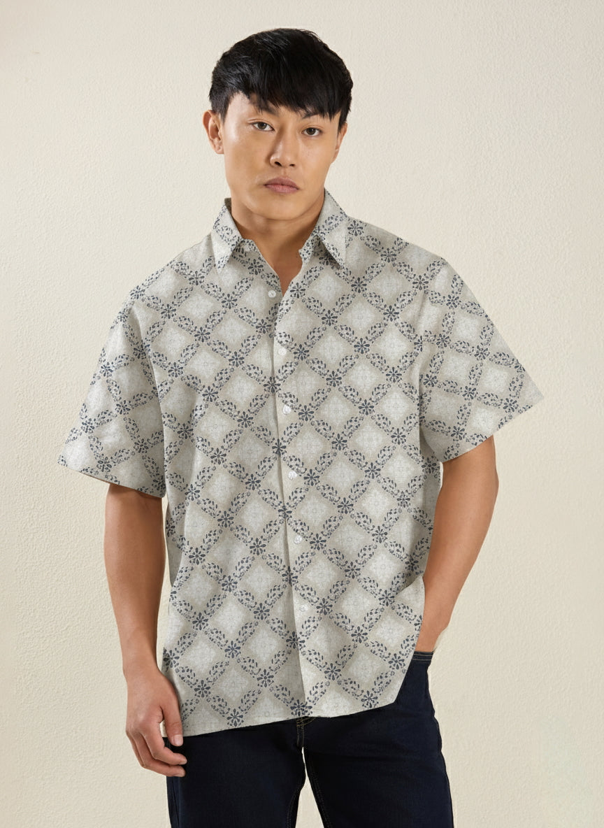 Men's Regular Fit Half Sleeve Geometric Check Linen Shirt