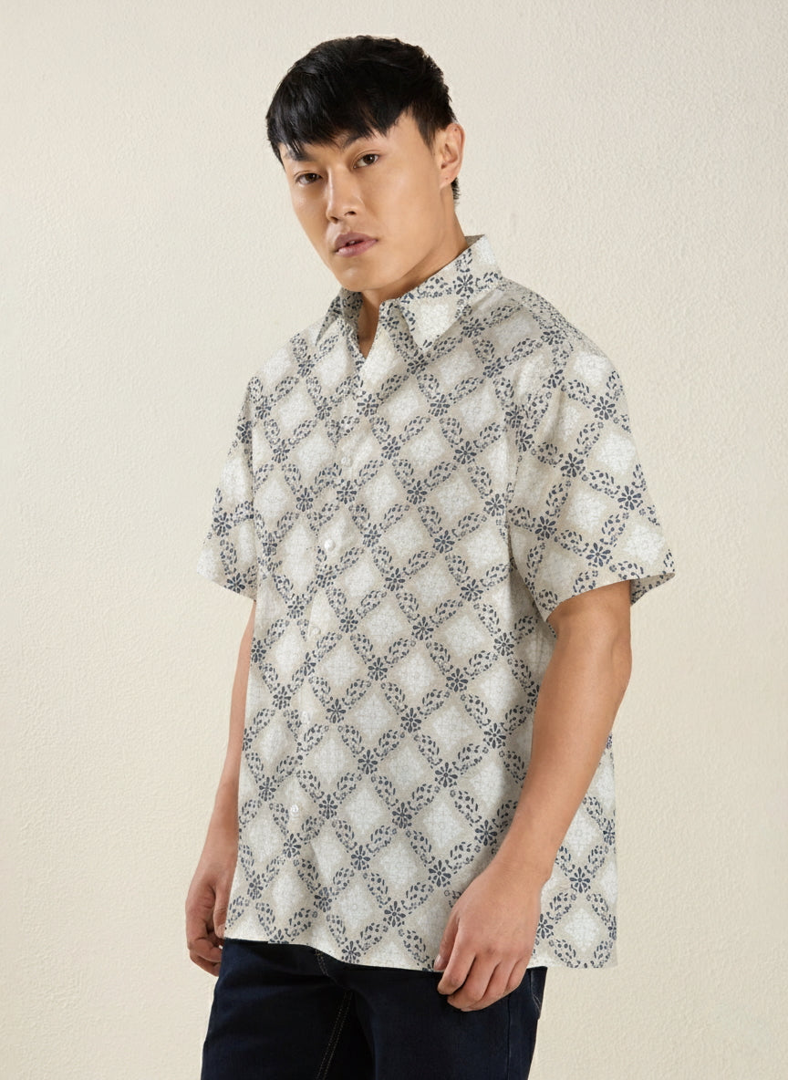 Men's Regular Fit Half Sleeve Geometric Check Linen Shirt
