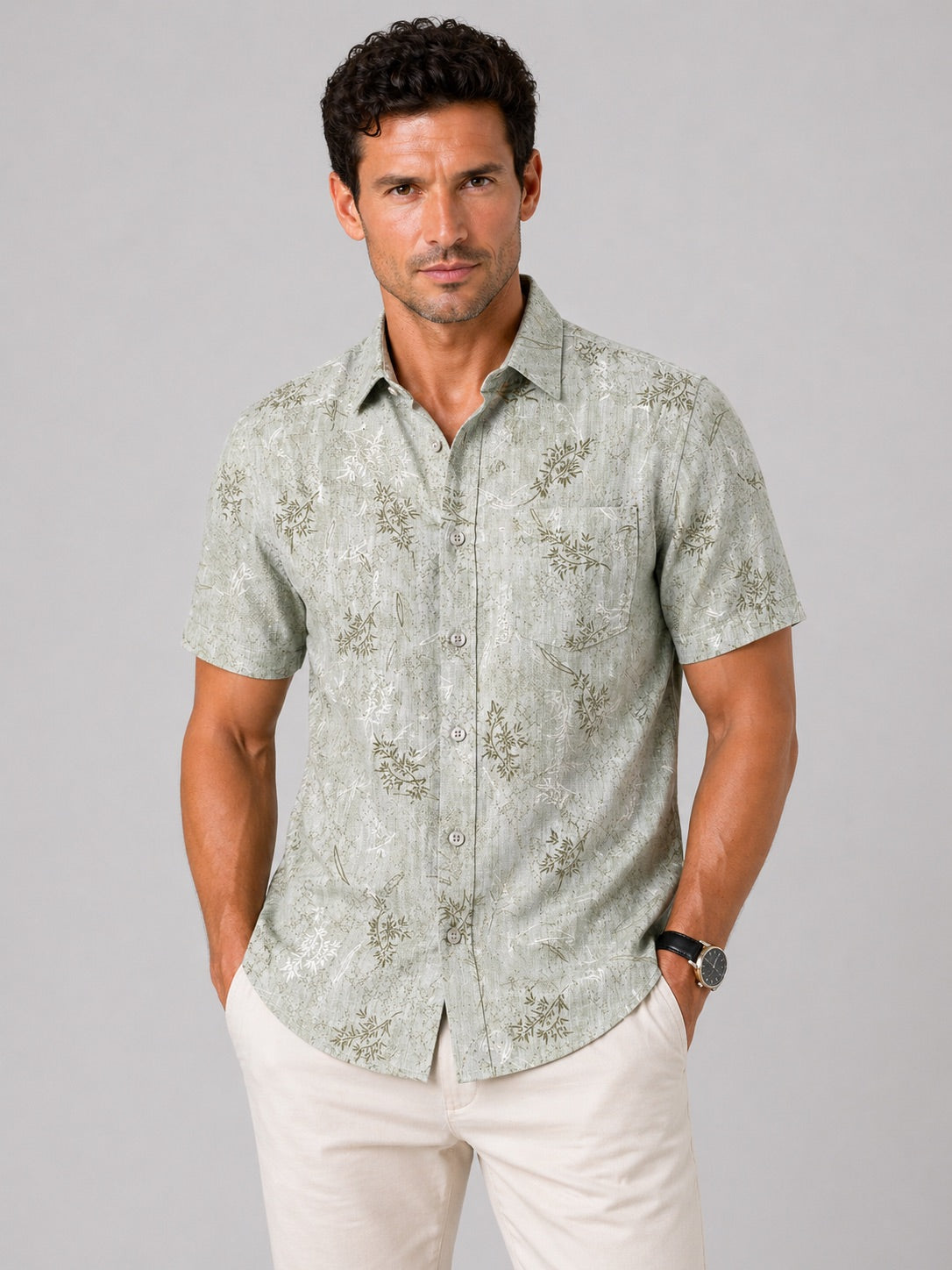 Men’s Sage Green Printed Cotton Linen Slim Fit Half Sleeve Casual Shirt | MARK & ALBERT