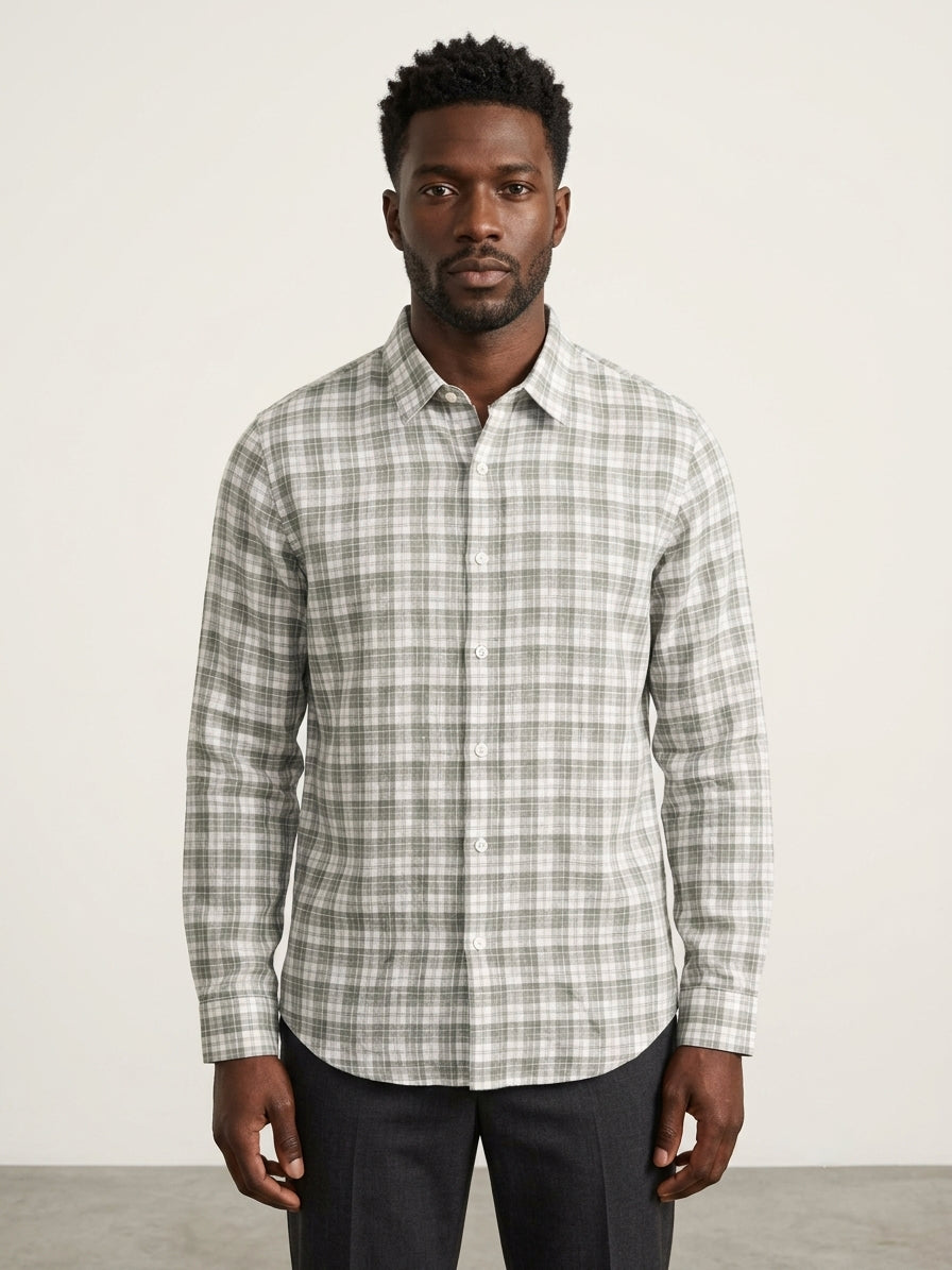 Green Checks Cotton Linen Slim Fit Casual Shirt