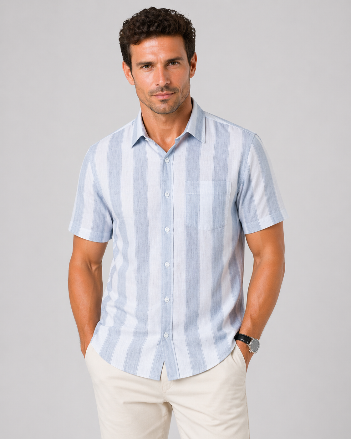 Men’s Grey Striped Linen Cotton Slim Fit Half Sleeve Semi Casual Shirt | MARK & ALBERT