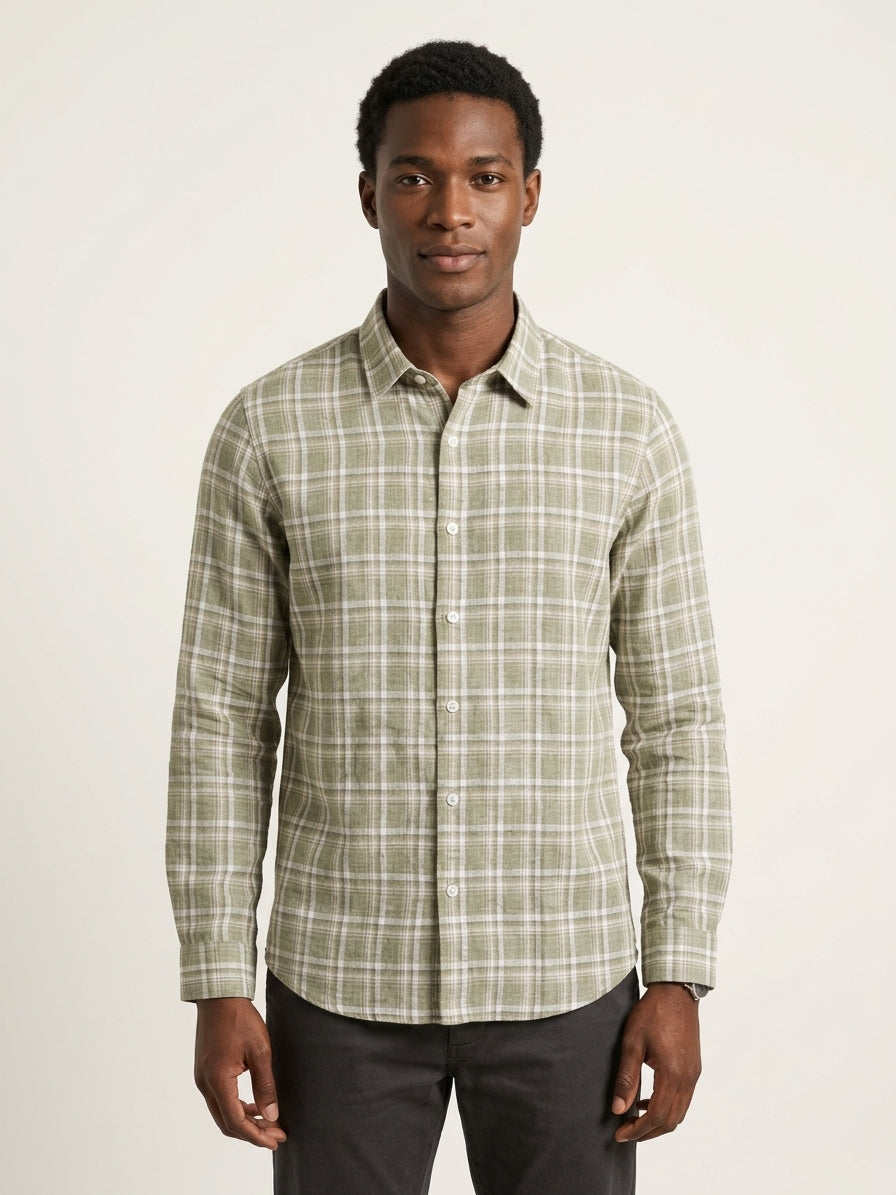 Green Checks Cotton Linen Slim Fit Casual Shirt
