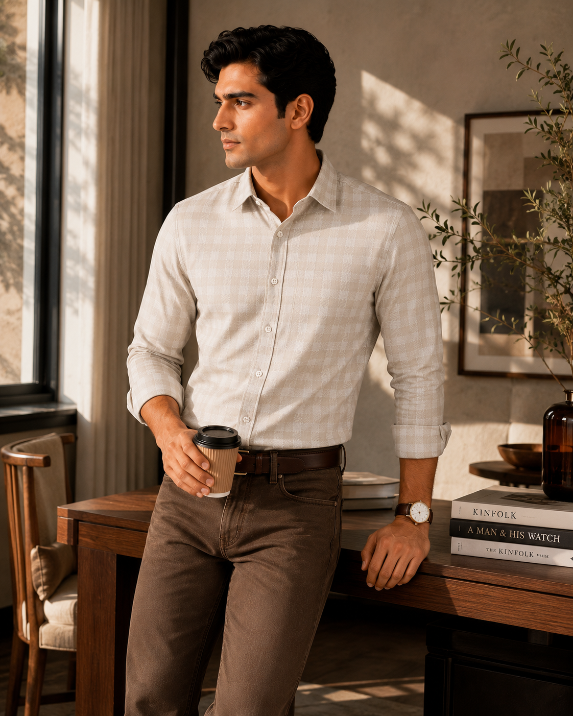 Men's Beige Herringbone Check Slim Fit 100% Cotton Shirt | MARK & ALBERT