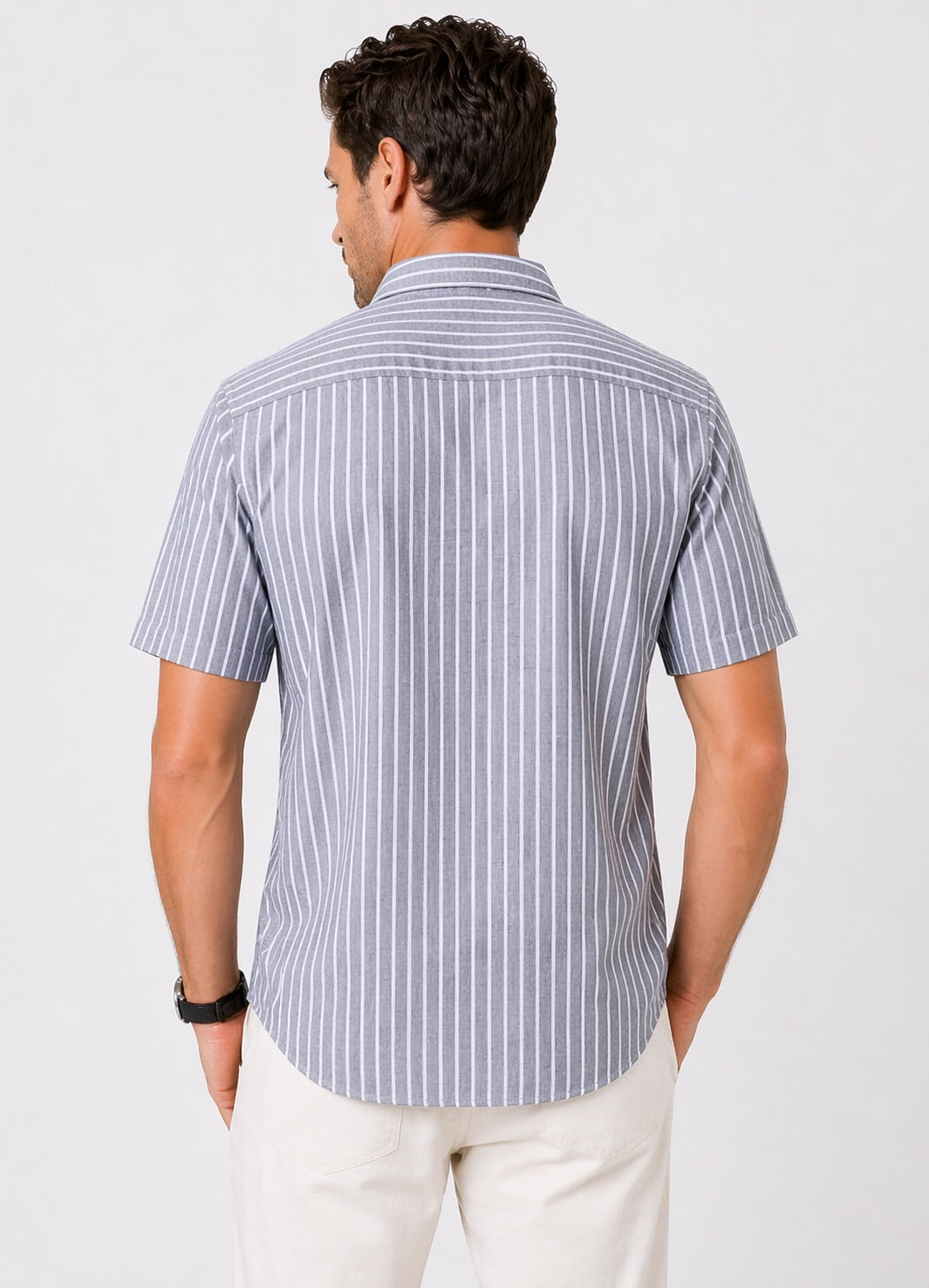 Men’s Steel Grey Striped Shirt Linen Cotton Blend Slim Fit Semi Casual Half Sleeve Shirt | MARK & ALBERT