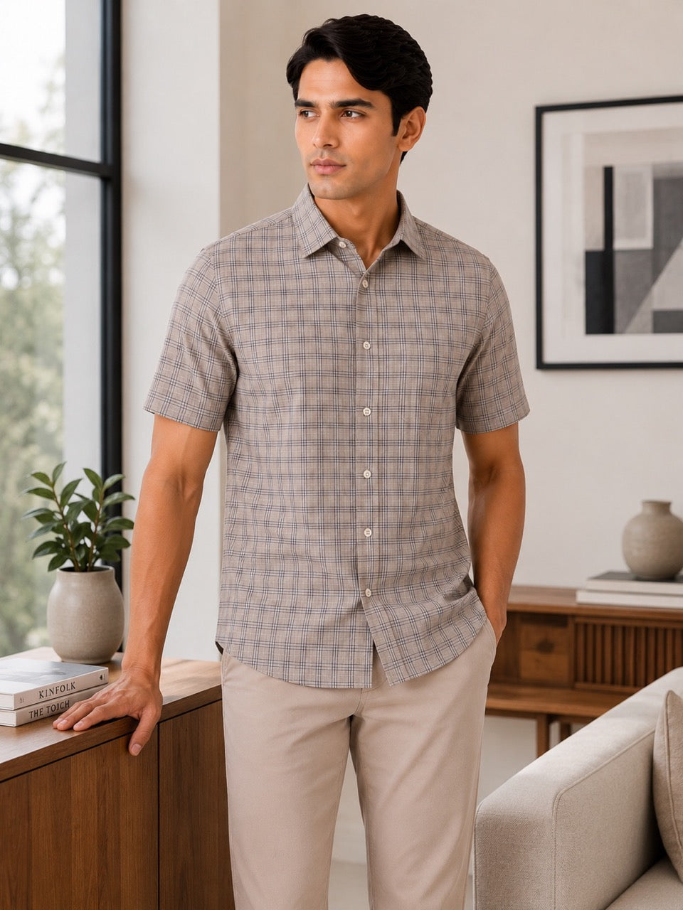 Men's Grey Check Cotton Regular Fit Half Sleeve Formal Shirt | MARK & ALBERT