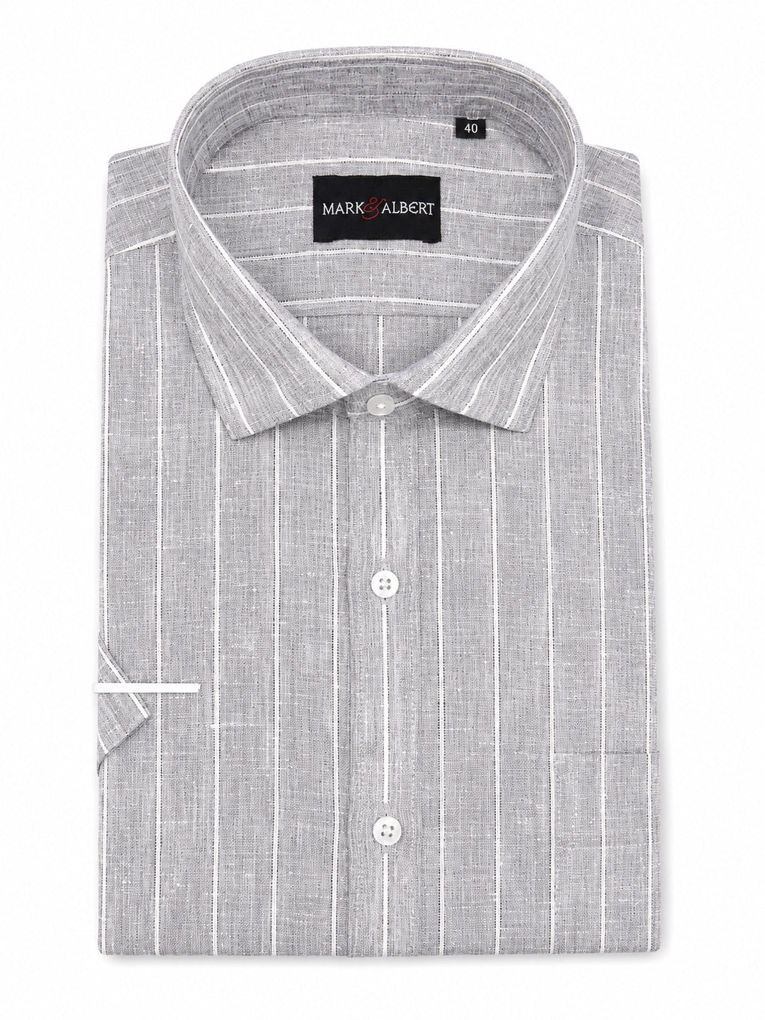 Men's Grey Striped Linen Cotton Blend Half Sleeve Formal Shirt | MARK & ALBERT