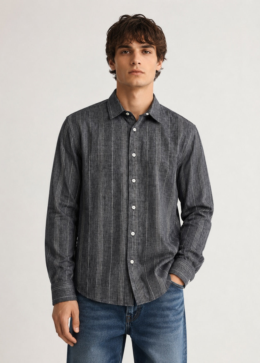 Men's Charcoal Grey Striped Cotton Linen Slim Fit Shirt | Mark & Albert