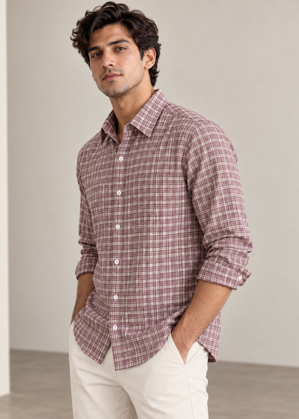 Men's Pink Checks Cotton Linen Slim Fit Casual Shirt | MARK & ALBERT