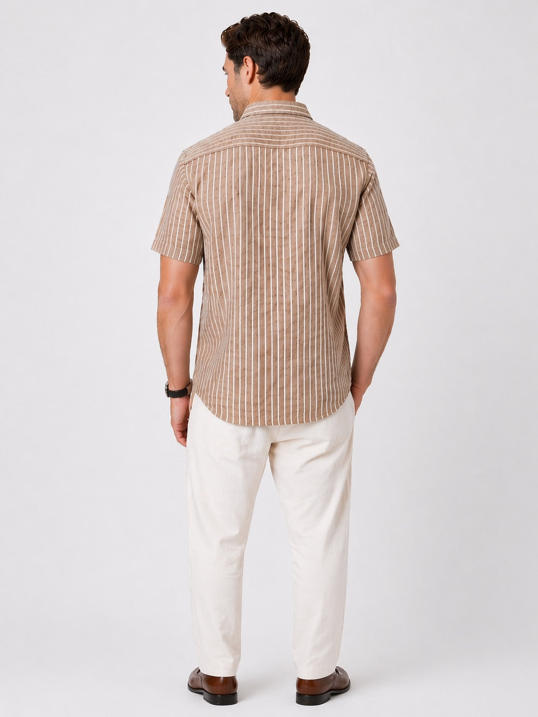 Men’s Brown Striped Shirt Linen Cotton Blend Slim Fit Semi Casual Half Sleeve Shirt | MARK & ALBERT