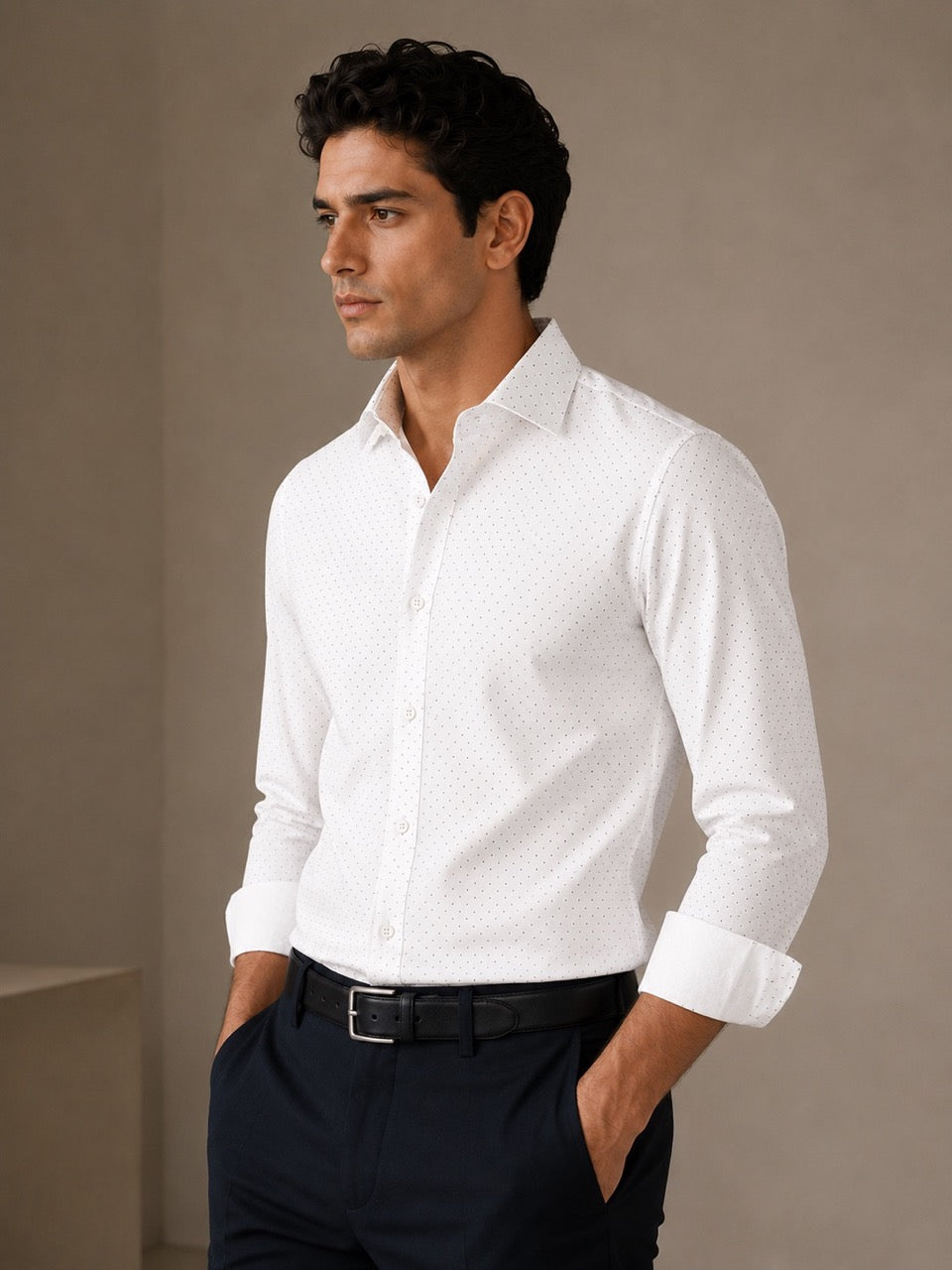Men's White 100% Cotton Dot Print Slim Fit Formal Shirt | MARK & ALBERT