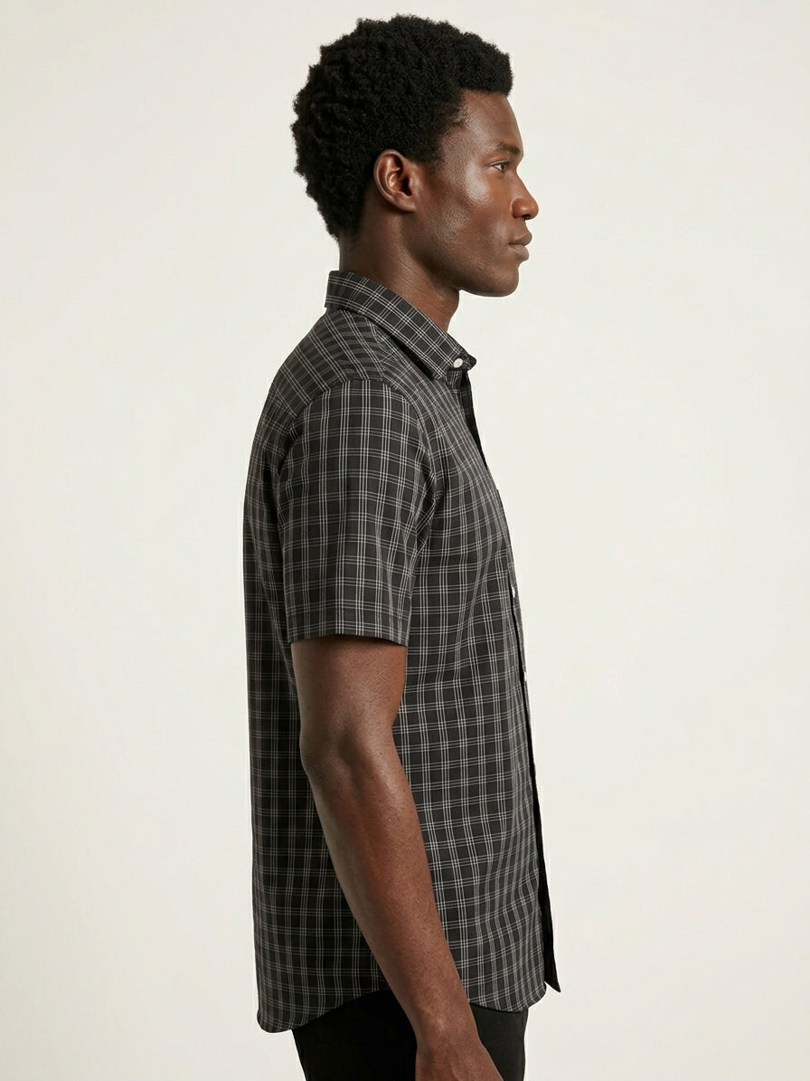 Black Check Cotton Blend Regular Fit Half Sleeve Shirt