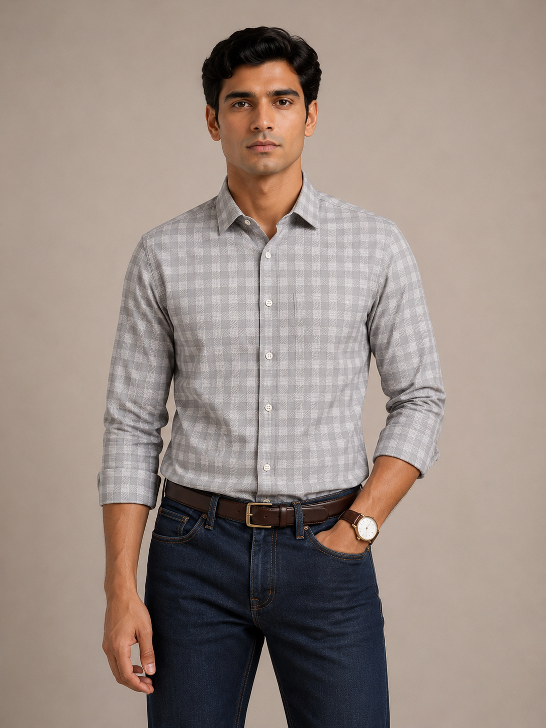 Men's Grey Herringbone Check Slim Fit 100% Cotton Shirt | MARK & ALBERT