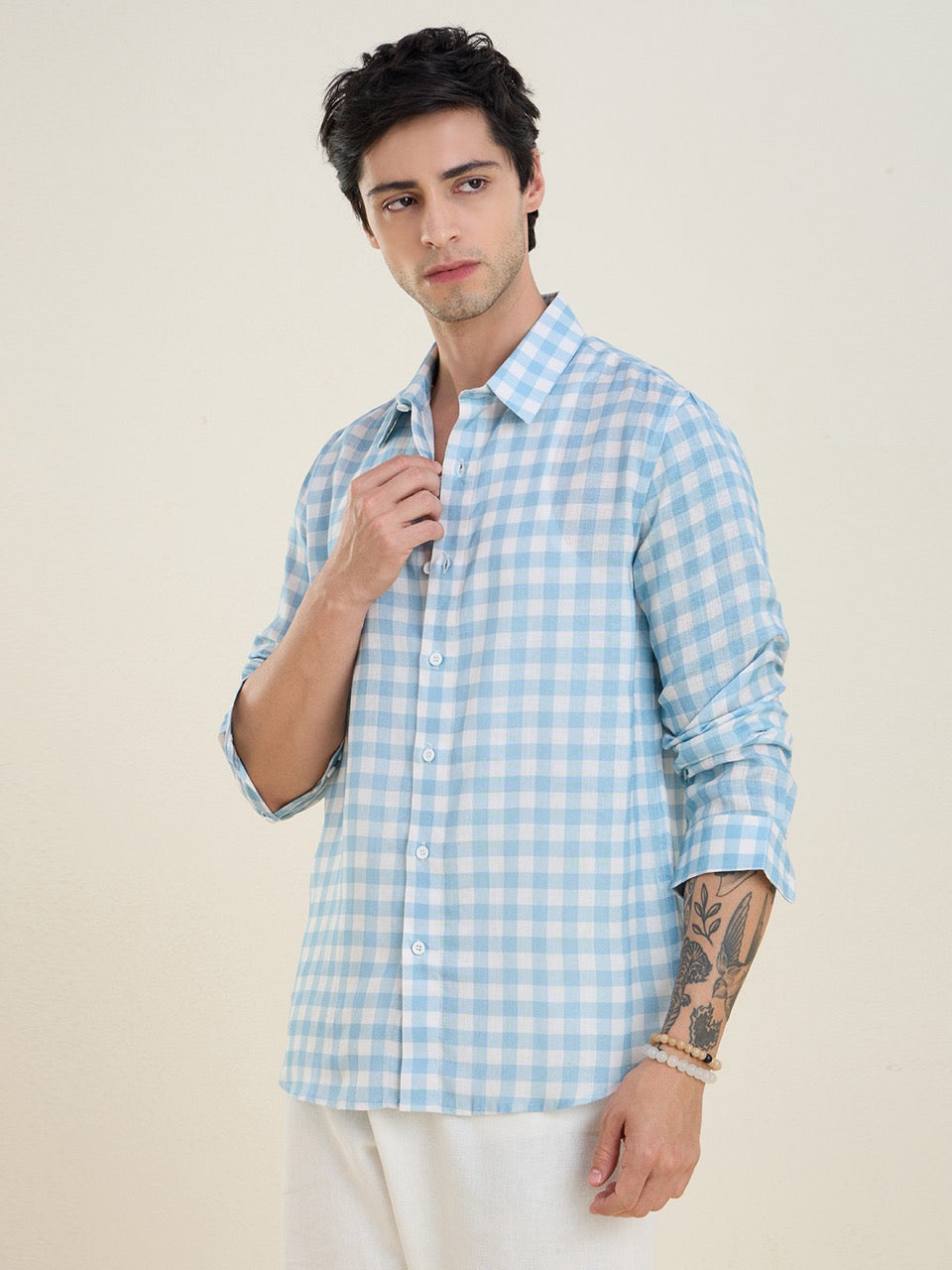 Men's Blue Pure Linen Gingham Check Slim Fit Casual Shirt | MARK & ALBERT
