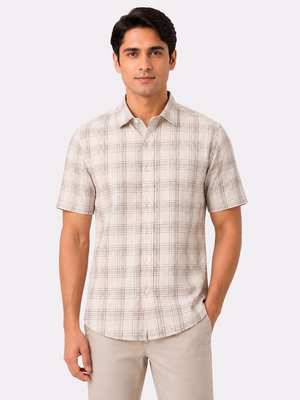 Men's Cream Check Cotton Regular Fit Half Sleeve Formal Shirt | MARK & ALBERT