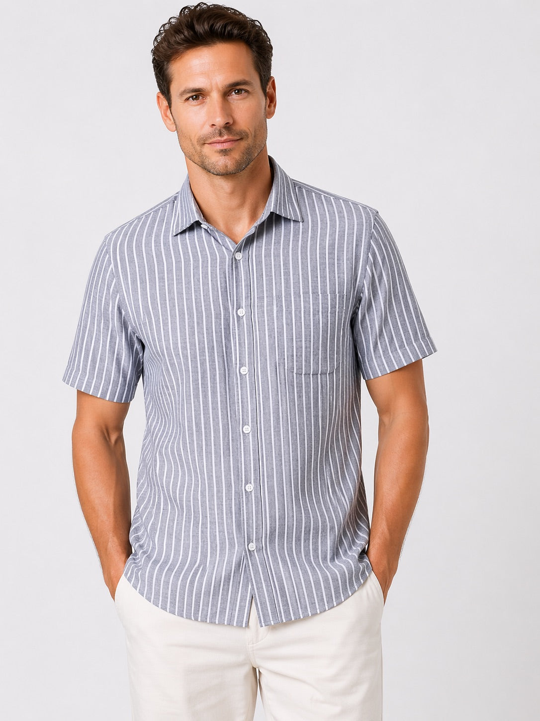 Men’s Steel Grey Striped Shirt Linen Cotton Blend Slim Fit Semi Casual Half Sleeve Shirt | MARK & ALBERT