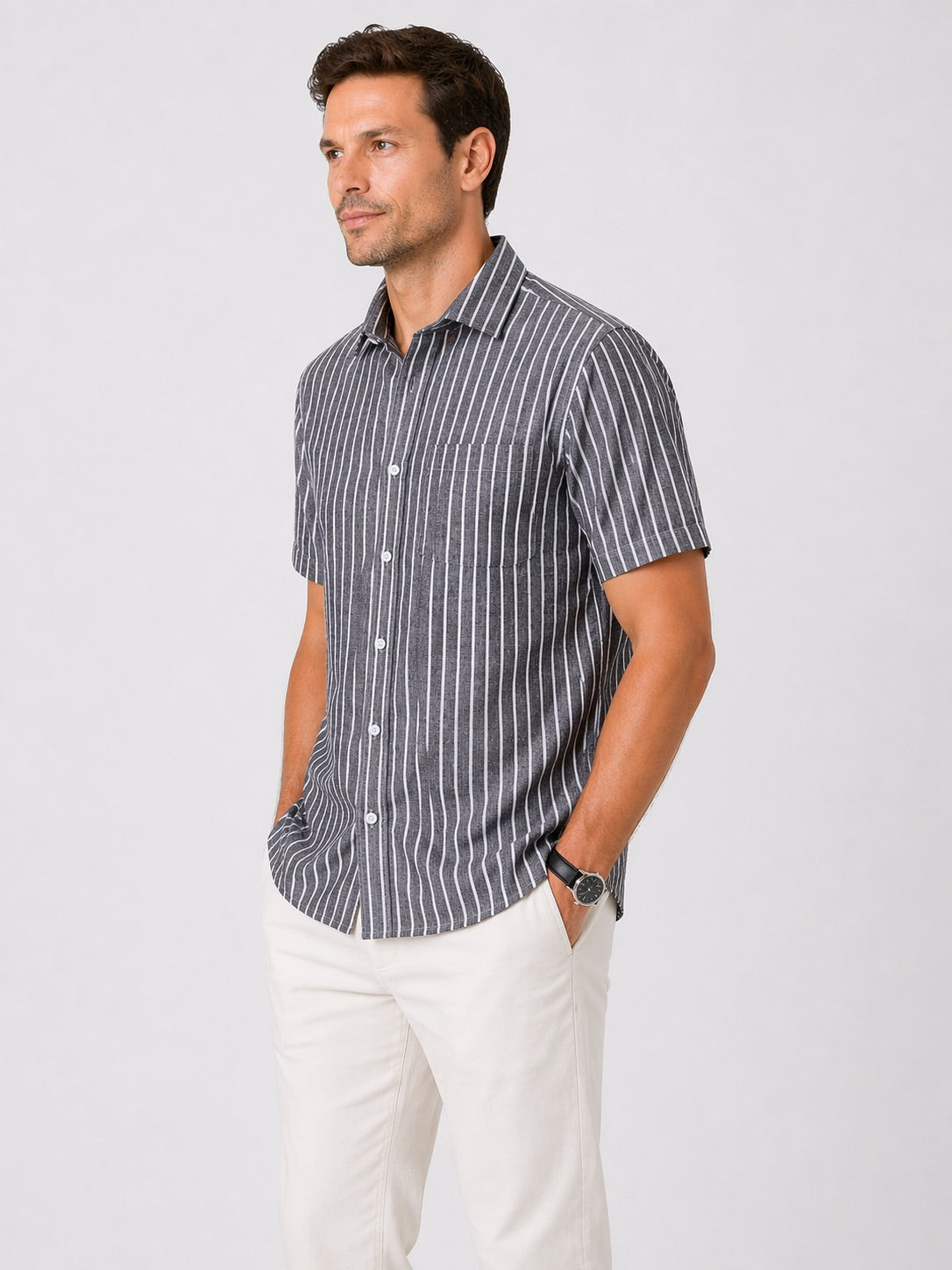 Men’s Grey Striped Shirt Linen Cotton Blend Slim Fit Semi Casual Half Sleeve Shirt | MARK & ALBERT