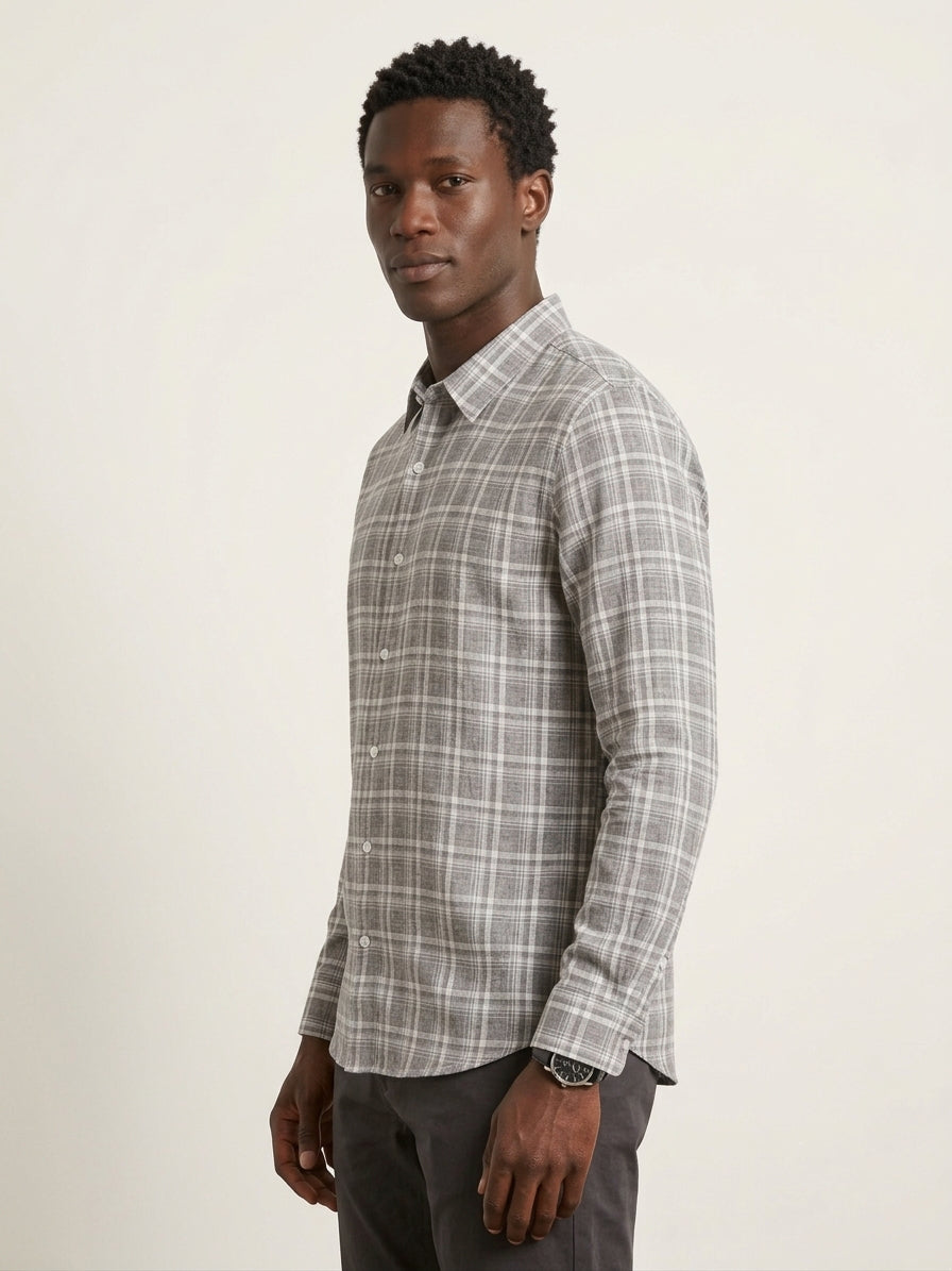 Grey Checks Cotton Linen Slim Fit Casual Shirt