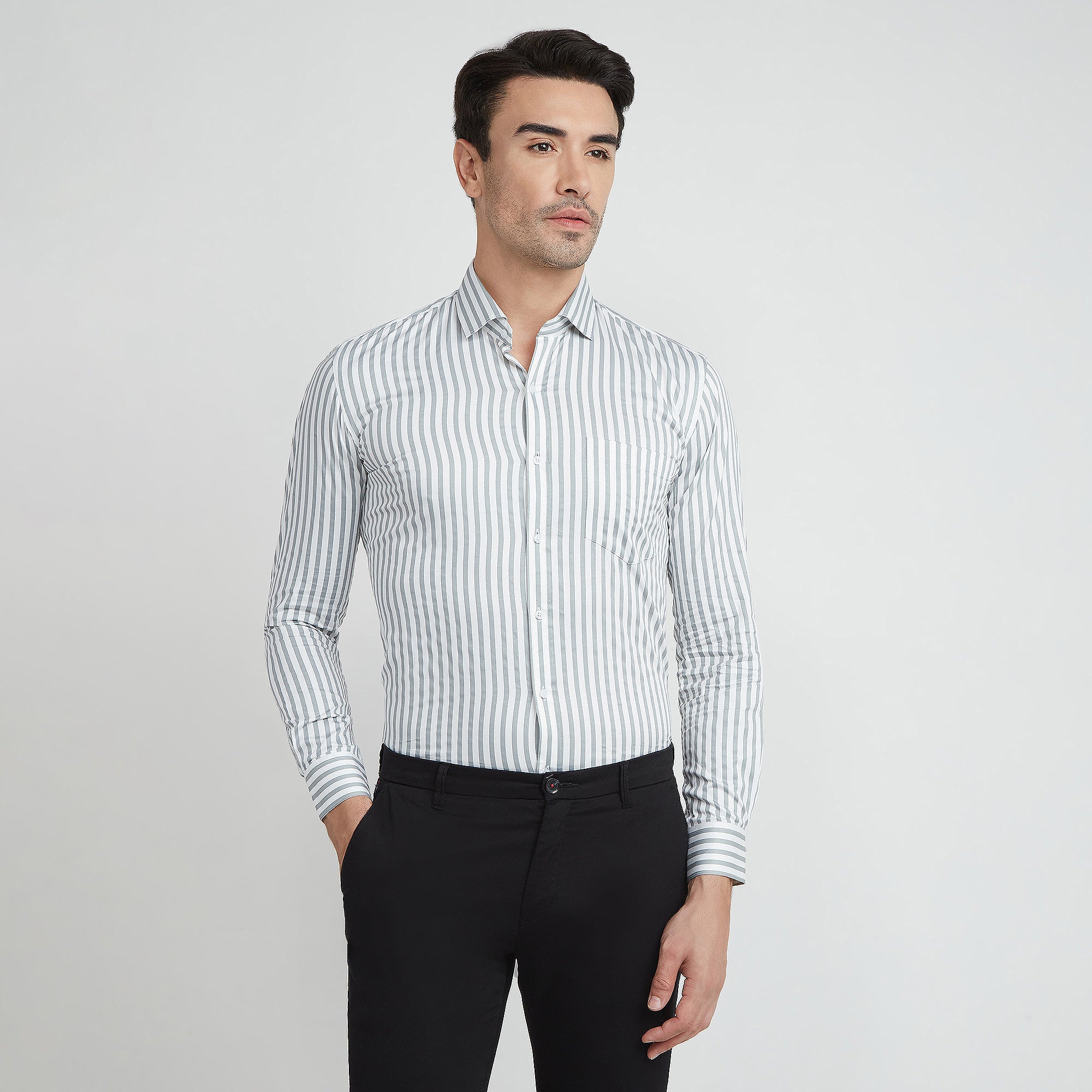 Men's 100% Cotton Grey Striped Shirt