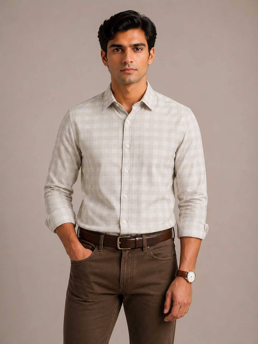 Men's Beige Herringbone Check Slim Fit 100% Cotton Shirt | MARK & ALBERT