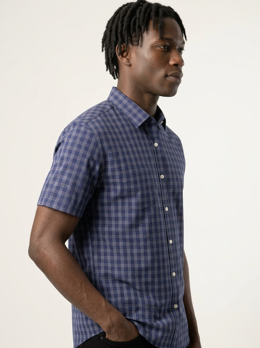 Blue Check Cotton Blend Regular Fit Half Sleeve Shirt