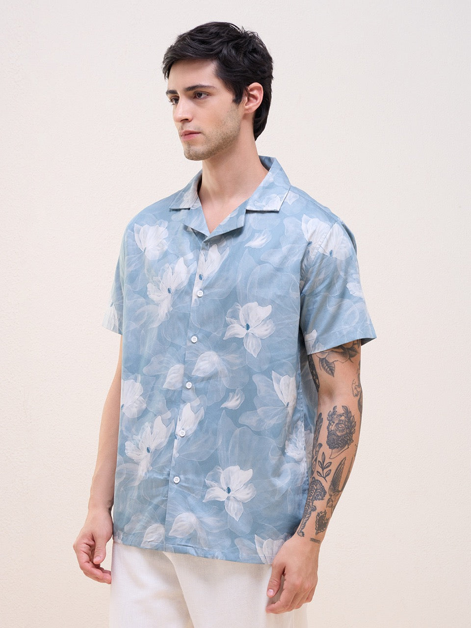 Men's Sky Blue Floral Print 100% Cotton Cuban Collar Regular Fit Casual Shirt | MARK & ALBERT