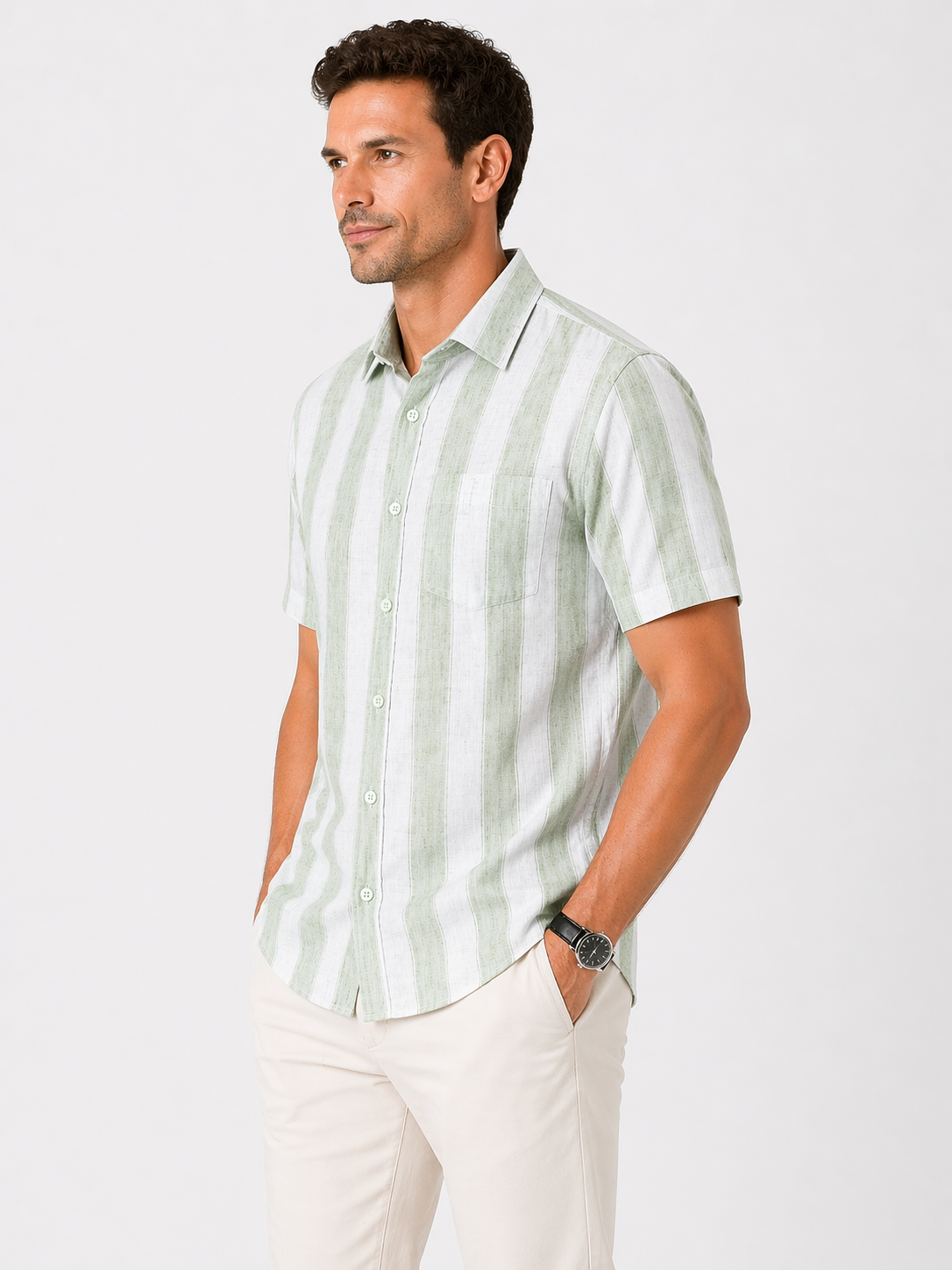 Men’s Sage Green Striped Linen Cotton Slim Fit Half Sleeve Semi Casual Shirt | MARK & ALBERT