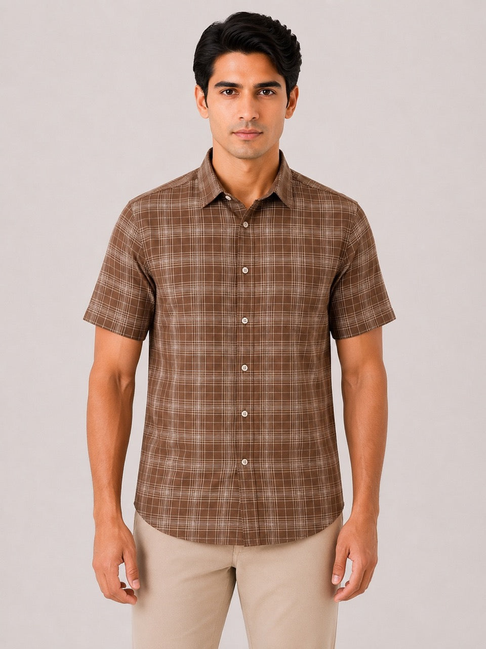 Men's Brown Check Cotton Regular Fit Half Sleeve Formal Shirt | MARK & ALBERT