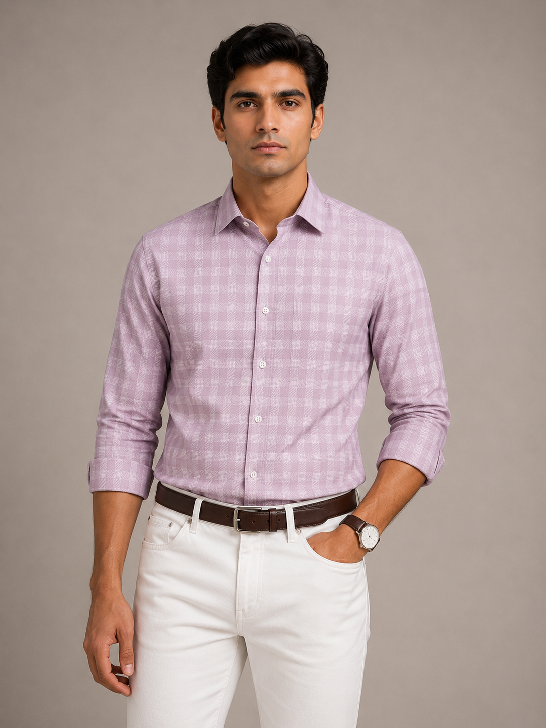 Men's Pink Herringbone Check Slim Fit 100% Cotton Shirt | MARK & ALBERT