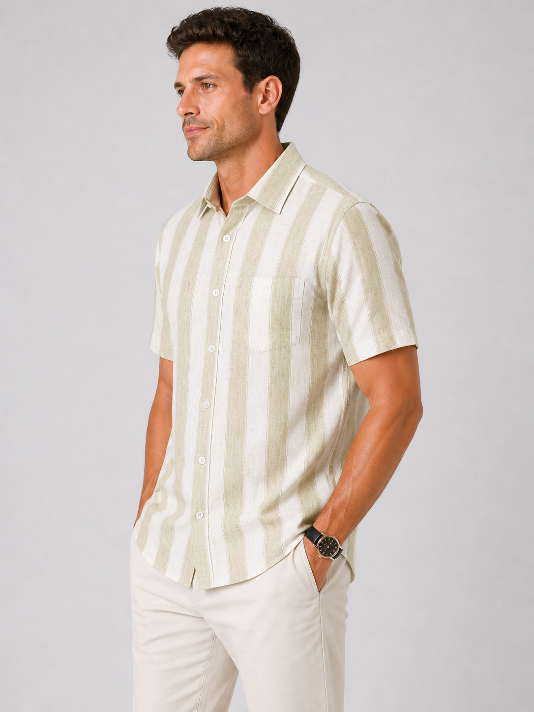 Men’s Beige Striped Linen Cotton Slim Fit Half Sleeve Semi Casual Shirt | MARK & ALBERT