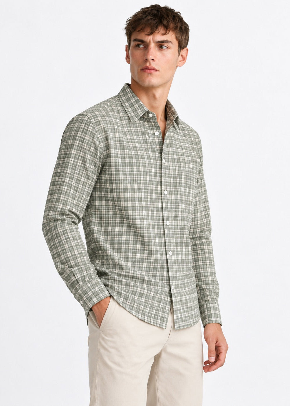 Men's Sage Green Checks Cotton Linen Slim Fit Casual Shirt | MARK & ALBERT