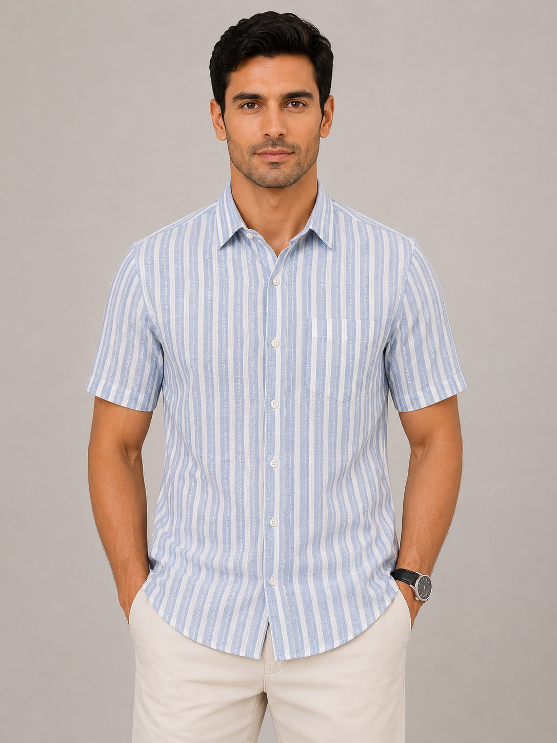 Men's Blue Striped Linen Cotton Blend Half Sleeve Formal Shirt | MARK & ALBERT