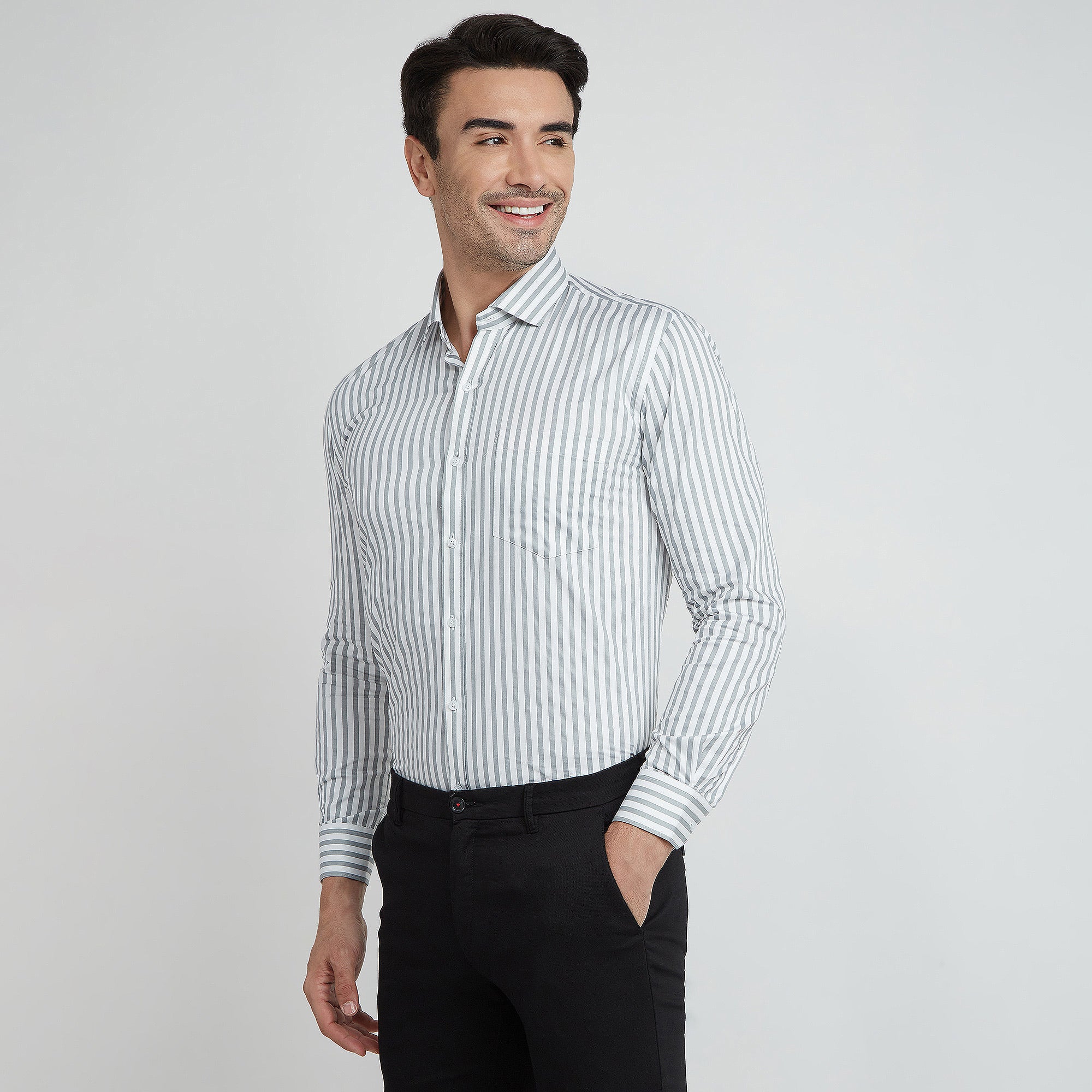 Men's 100% Cotton Grey Striped Shirt