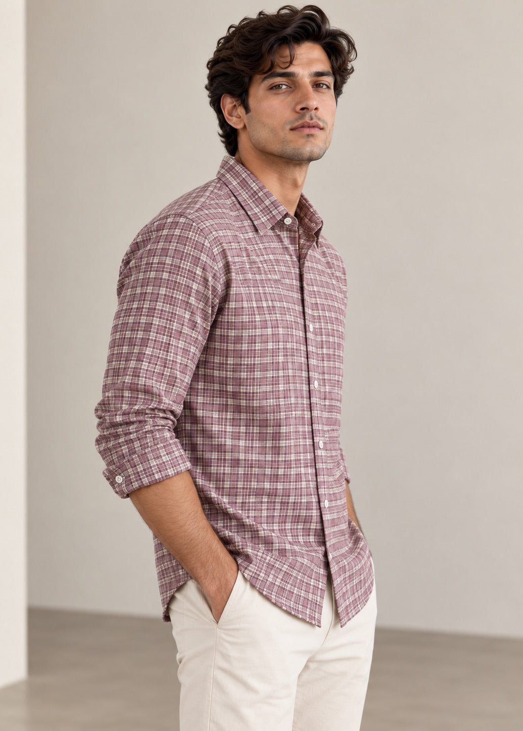 Men's Pink Checks Cotton Linen Slim Fit Casual Shirt | MARK & ALBERT
