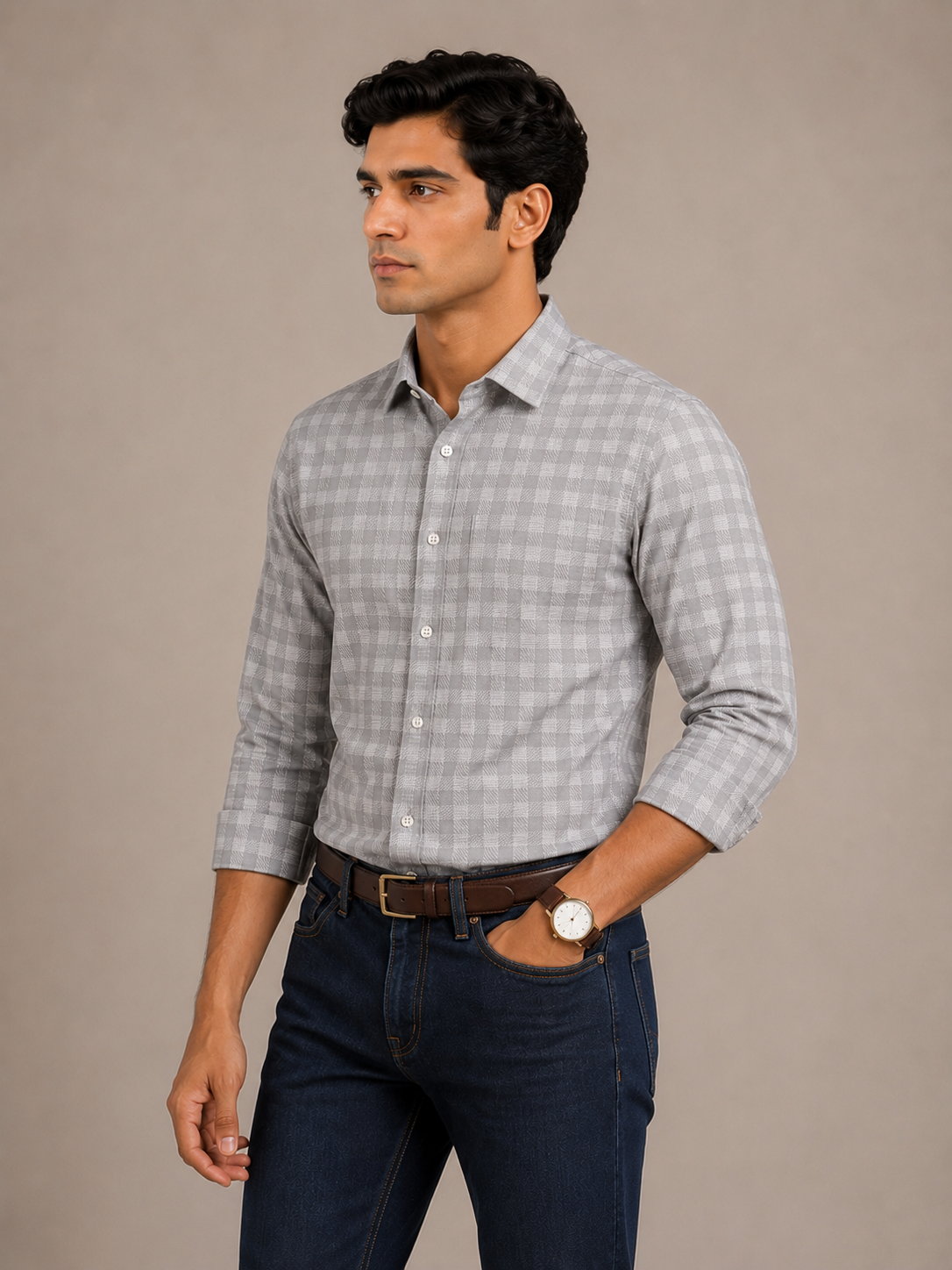 Men's Grey Herringbone Check Slim Fit 100% Cotton Shirt | MARK & ALBERT