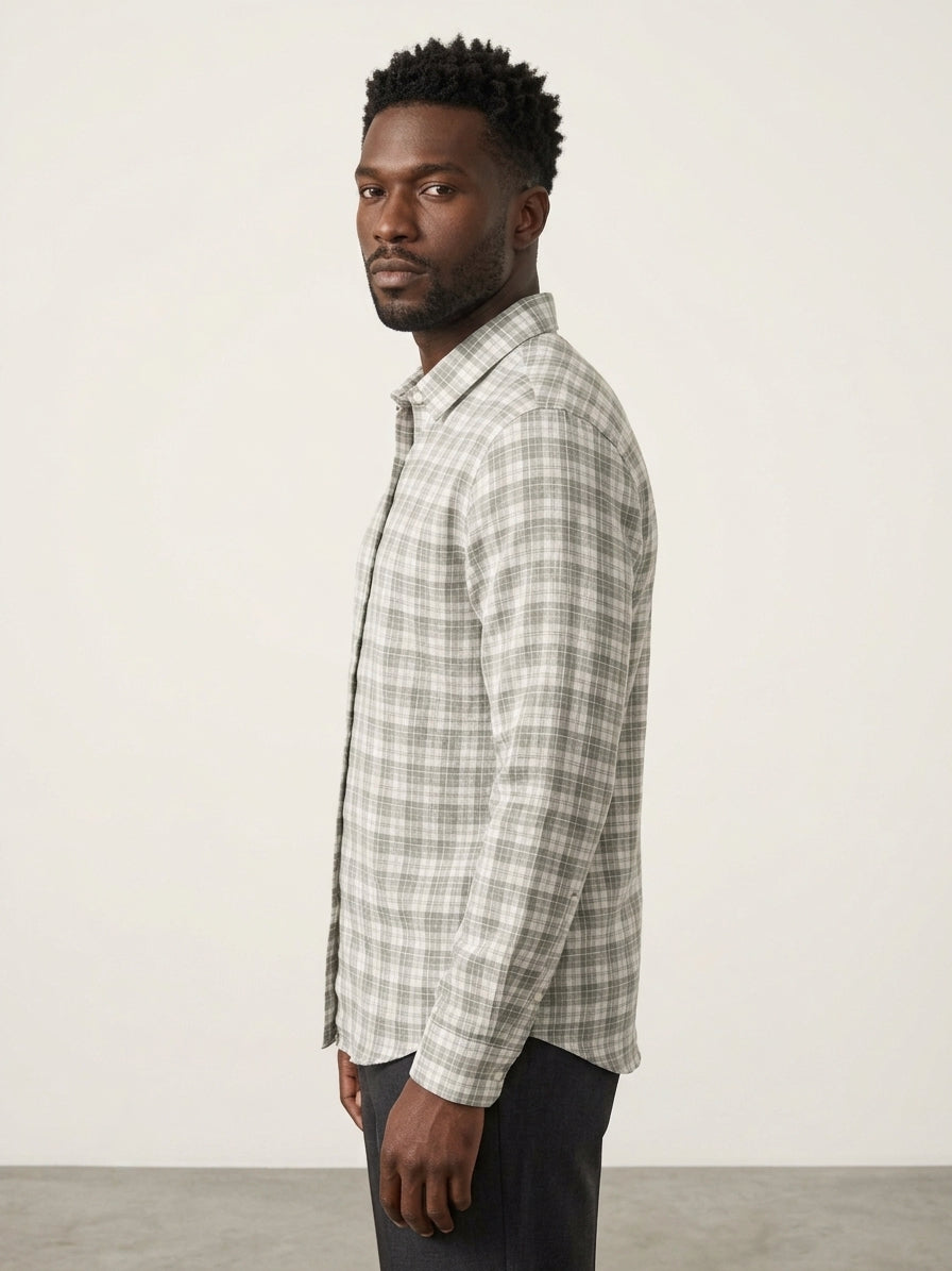 Green Checks Cotton Linen Slim Fit Casual Shirt