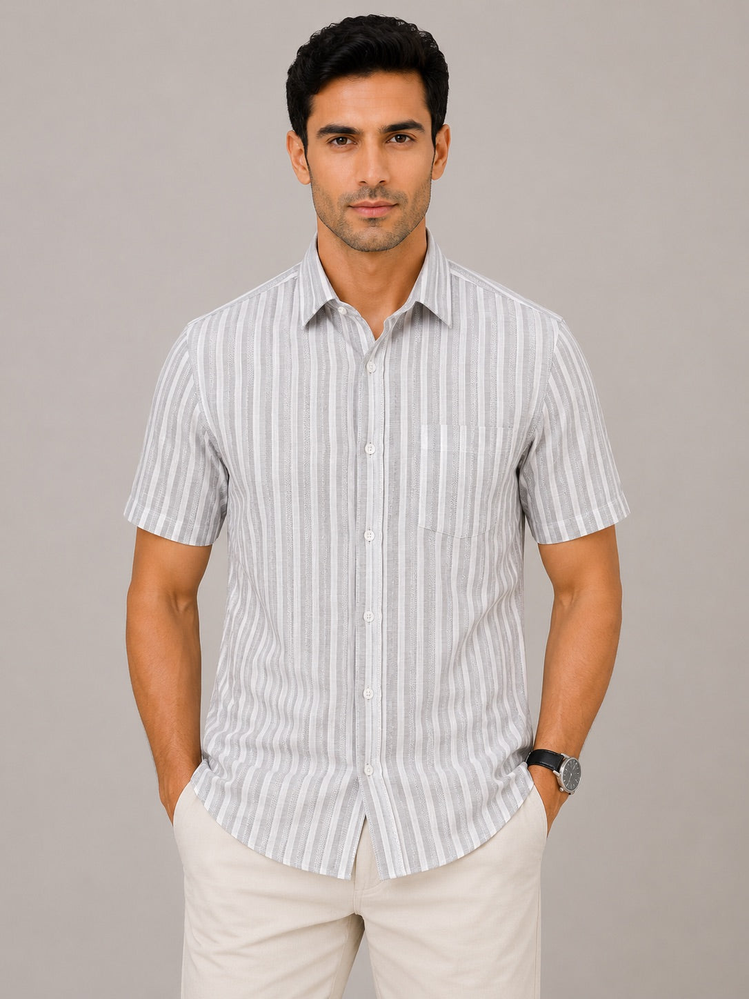 Men's Grey Striped Linen Cotton Blend Half Sleeve Formal Shirt | MARK & ALBERT