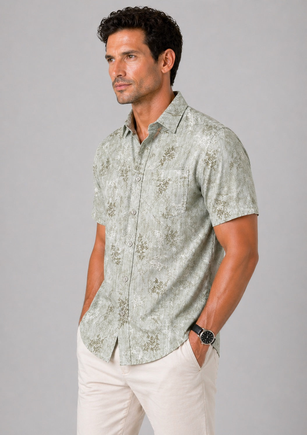 Men’s Sage Green Printed Cotton Linen Slim Fit Half Sleeve Casual Shirt | MARK & ALBERT
